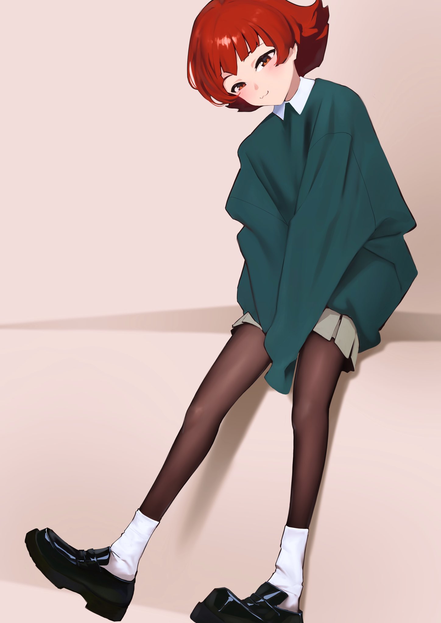 yabukara, nonohara akane, idolmaster, idolmaster million live!, highres, 1girl, :3, black shoes, blush, brown pantyhose, closed mouth, full body, green sweater, grey skirt, loafers, long sleeves, looking at viewer, pantyhose, pleated skirt, red eyes, red hair, shoes, short hair, skirt, sleeves past fingers, sleeves past wrists, smile, socks, solo, standing, sweater, white socks