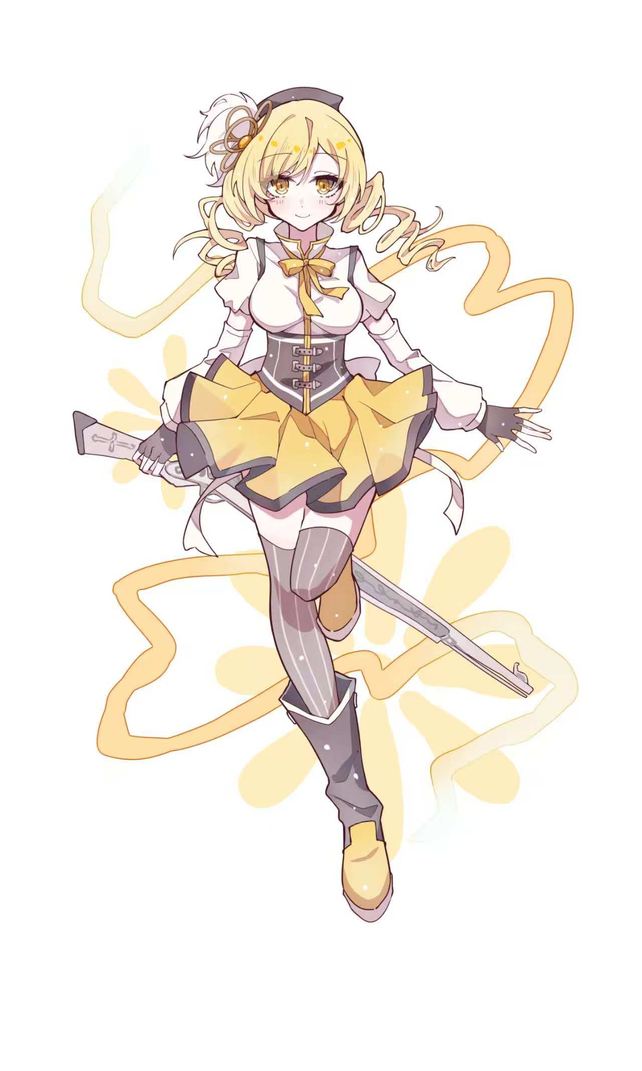 lulutmi, tomoe mami, tomoe mami (magical girl), mahou shoujo madoka magica, mahou shoujo madoka magica (anime), commentary, highres, 1girl, beret, blonde hair, blush, boots, bow, bowtie, breasts, corset, drill hair, fingerless gloves, full body, gloves, gun, hair ornament, hat, holding, holding gun, holding weapon, long hair, looking at viewer, magical girl, magical musket, puffy sleeves, ribbon, skirt, smile, solo, soul gem, standing, standing on one leg, striped clothes, striped thighhighs, thighhighs, twin drills, twintails, vertical-striped clothes, vertical-striped thighhighs, weapon, white background, yellow bow, yellow bowtie, yellow eyes, yellow ribbon, yellow theme