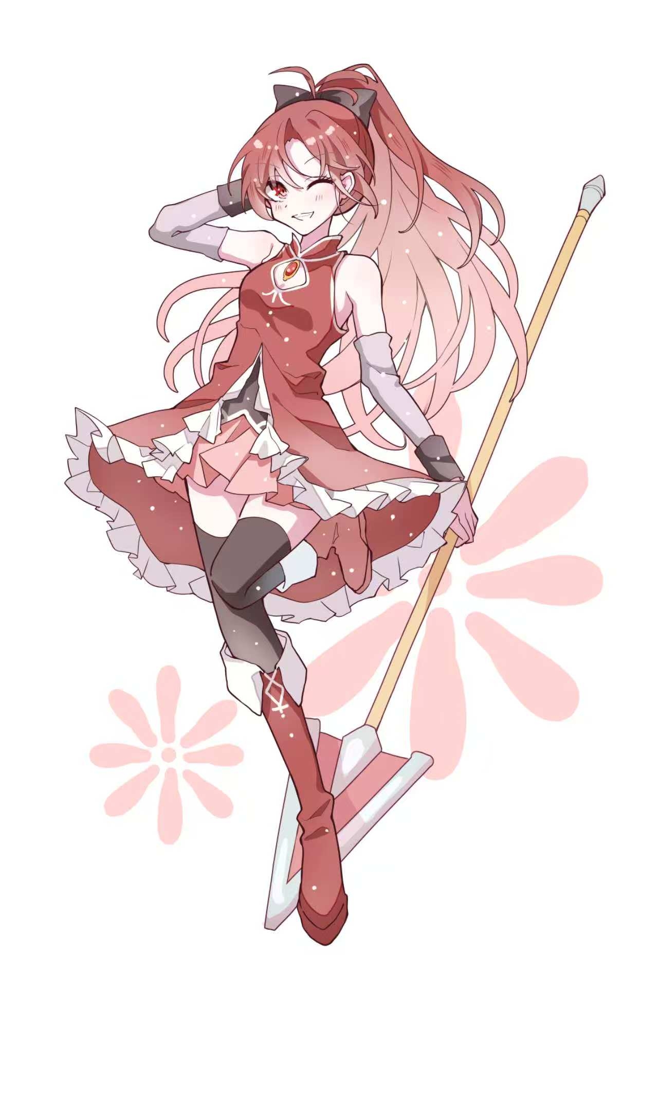 lulutmi, sakura kyoko, sakura kyoko (magical girl), mahou shoujo madoka magica, mahou shoujo madoka magica (anime), commentary, highres, 1girl, black thighhighs, blush, boots, bow, detached sleeves, grin, hair bow, hand up, high ponytail, holding, holding polearm, holding weapon, long hair, looking at viewer, magical girl, one eye closed, polearm, ponytail, red eyes, red hair, red theme, ribbon, skirt, smile, solo, soul gem, spear, standing, standing on one leg, thighhighs, very long hair, weapon
