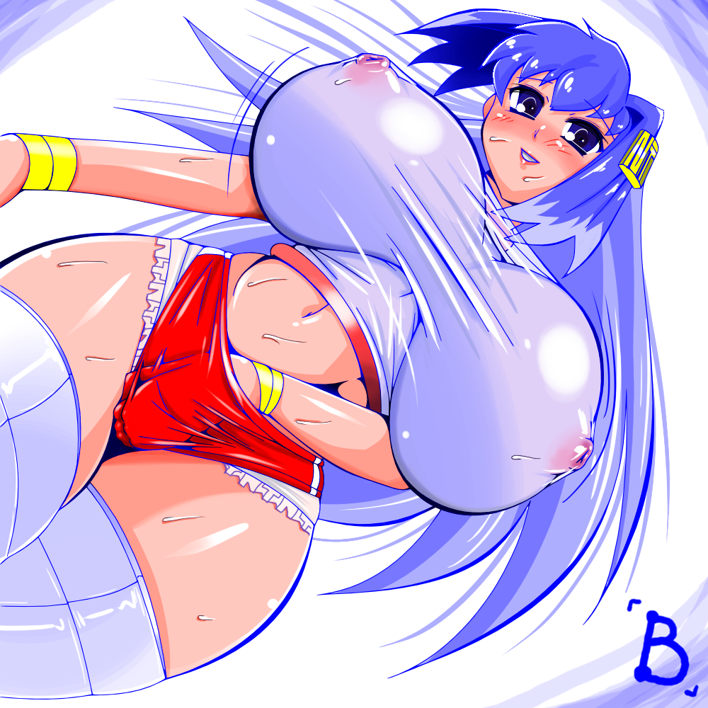 amano taiki, nt-tan, os-tan, bad id, bad pixiv id, 1girl, blue hair, blush, breasts, covered erect nipples, curvy, female focus, female masturbation, hand in panties, hip focus, huge breasts, masturbation, midriff, navel, panties, see-through clothes, shorts, skin tight, solo, sweat, thick thighs, thighhighs, thighs, underwear, wide hips