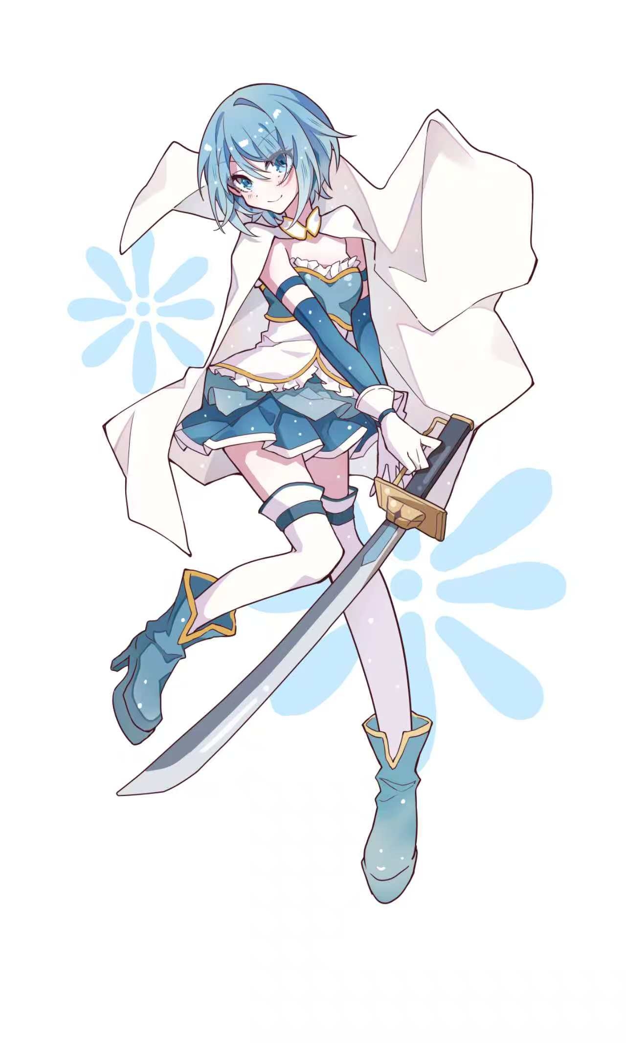 lulutmi, miki sayaka, miki sayaka (magical girl), mahou shoujo madoka magica, mahou shoujo madoka magica (anime), commentary, highres, 1girl, blue eyes, blue hair, blue skirt, blue theme, blush, boots, cape, eyelashes, full body, gloves, holding, holding sword, holding weapon, knees together feet apart, looking at viewer, magical girl, no hair ornament, platform heels, pleated skirt, short hair, skirt, smile, solo, strapless, sword, thighhighs, weapon, white cape, white gloves, white thighhighs