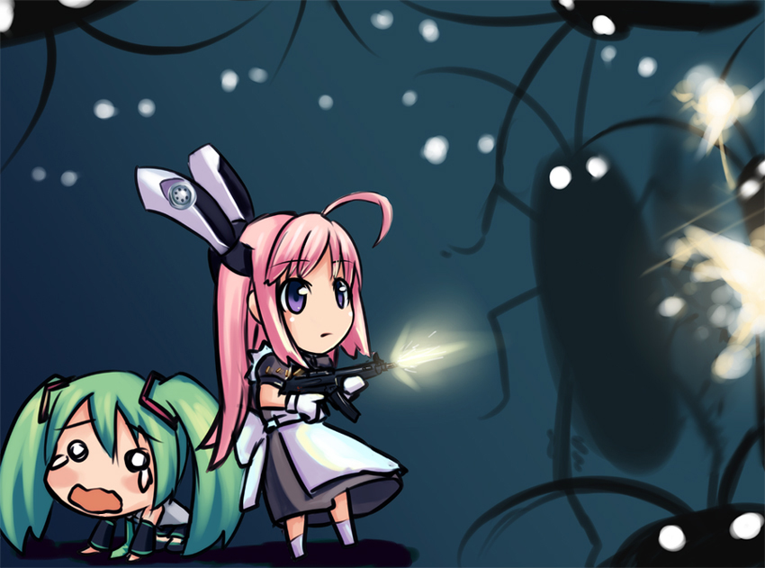 kuroba (f-15c eagle), hatsune miku, hoihoi-san, heckler & koch, ichigeki sacchuu!! hoihoi-san, vocaloid, 2girls, animal ears, bug, chibi, cockroach, crossover, gun, h&k mp5, maid, multiple girls, scared, submachine gun, weapon