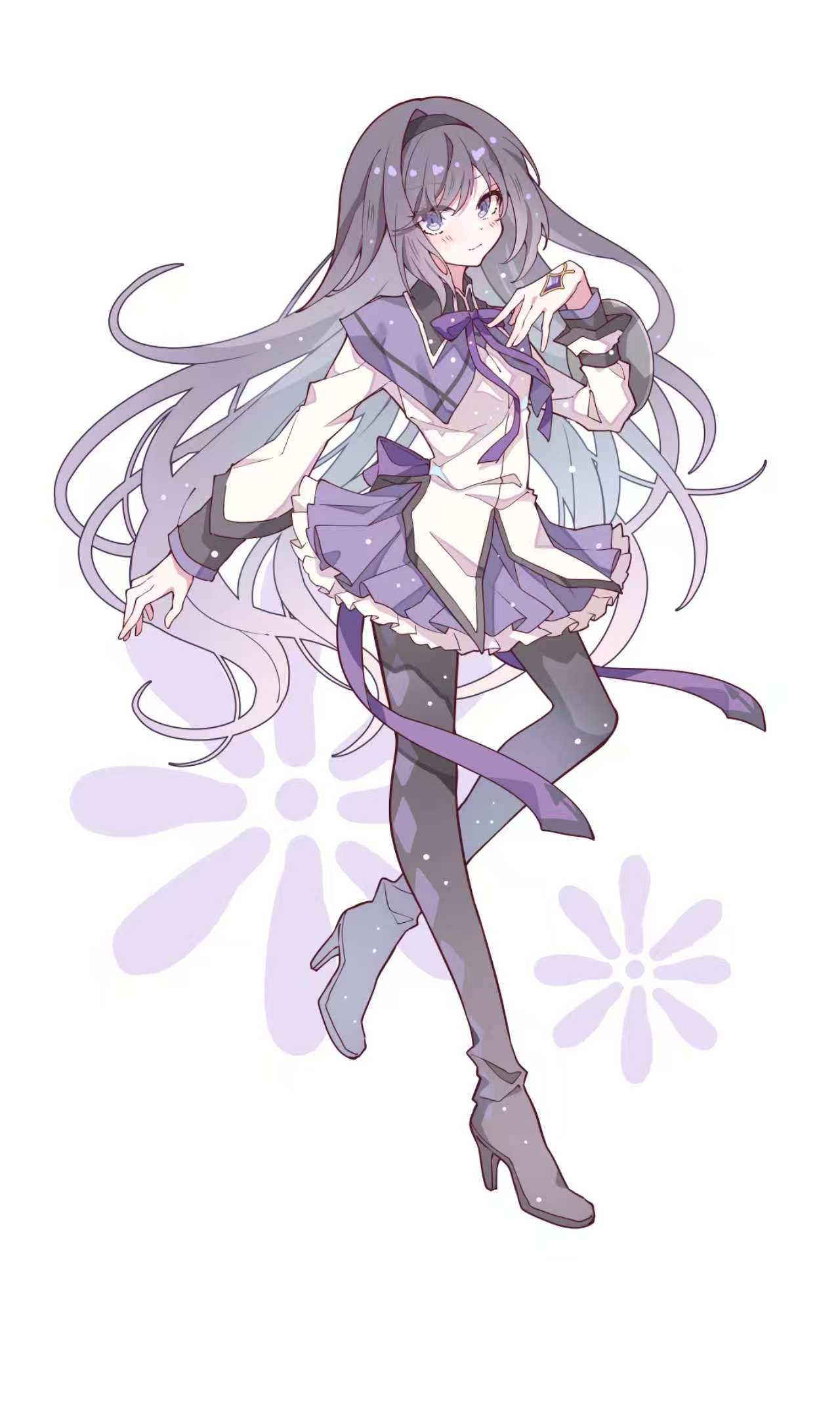 lulutmi, akemi homura, akemi homura (magical girl), mahou shoujo madoka magica, mahou shoujo madoka magica (anime), commentary, highres, 1girl, argyle clothes, argyle pantyhose, black hair, black hairband, black pantyhose, blush, bow, eyelashes, full body, gradient hair, hairband, hand up, high heels, long hair, magical girl, multicolored hair, pantyhose, pleated skirt, purple eyes, purple theme, ribbon, skirt, smile, solo, soul gem, standing, standing on one leg, two-tone capelet, very long hair