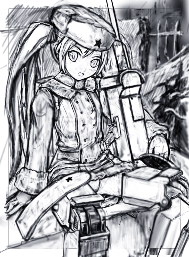 kuroba (f-15c eagle), gun, hat, long hair, mecha musume, monochrome, panties, pantyshot, rifle, twintails, underwear, weapon