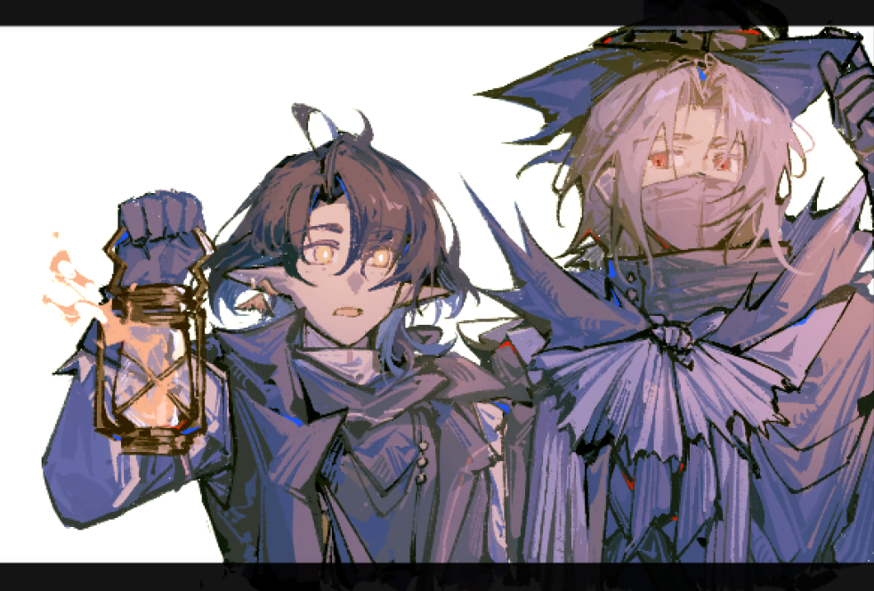 lumen (arknights), ulpianus (arknights), arknights, chinese commentary, commentary request, 2boys, arm up, bright pupils, brown hair, covered mouth, ear piercing, fire, freckles, gloves, grey hair, hair between eyes, hair intakes, haishen miwang de jiyi, hand on headwear, hat, holding, holding lantern, jacket, lantern, letterboxed, long sleeves, looking ahead, looking at another, male focus, mask, mouth mask, multiple boys, ninja mask, open mouth, orange eyes, piercing, pointy ears, purple gloves, purple hat, purple jacket, short hair, simple background, upper body, white background, white pupils, yellow eyes