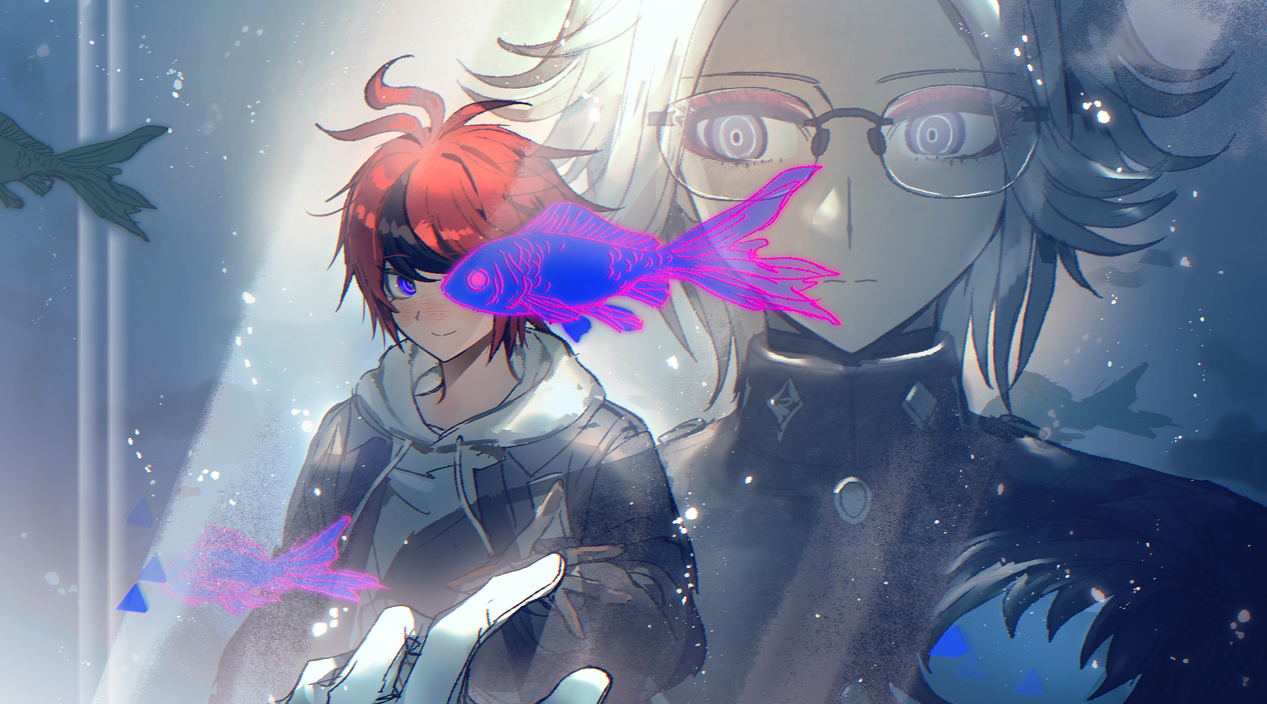 aotsuki eito, sumino takumi, the hundred line -last defense academy-, chinese commentary, commentary request, highres, 2boys, ahoge, black jacket, black streaks, blue eyes, drawstring, eyeliner, fish, fish tank, gakuran, glasses, gloves, grey hair, grey jacket, hood, hoodie, jacket, jacket over hoodie, last defense academy school uniform, looking at another, makeup, male focus, multicolored hair, multiple boys, one eye covered, open clothes, open jacket, outstretched hand, purple eyes, red eyeliner, red hair, reflection, school uniform, short hair, smile, streaked hair, syuu 1125, white gloves, white hoodie