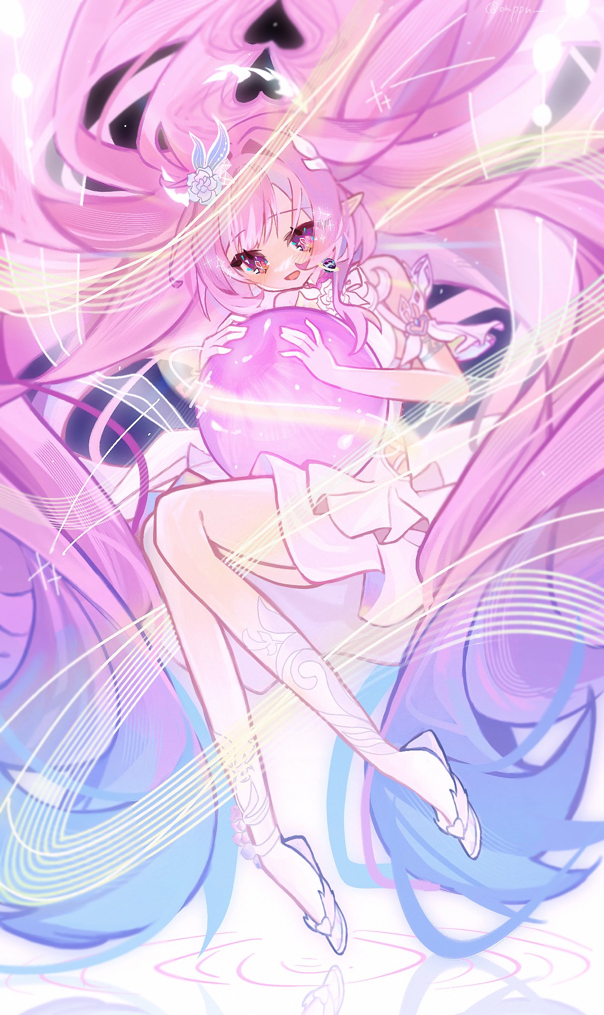 cyrene (honkai: star rail), cyrene (ripples of past reverie) (honkai: star rail), honkai: star rail, honkai (series), hashtag-only commentary, highres, 1girl, aqua hair, diamond-shaped pupils, diamond (shape), dress, earrings, flower, gradient hair, hair flower, hair ornament, halo, holding orb, jewelry, long hair, multicolored hair, pink hair, pointy ears, purple eyes, ruberri 00, solo, symbol-shaped pupils, two-tone hair, very long hair, white dress