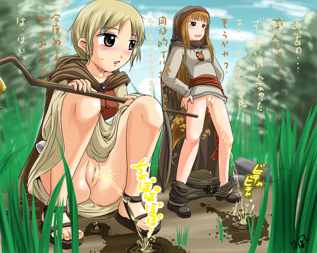 homare (suzu no oka), holo, nora arento, spice and wolf, translated, 00s, 2girls, blonde hair, blush, brown hair, cloak, clothes lift, clothes pull, collarbone, day, multiple girls, no panties, open mouth, outdoors, pants, pants pull, pee, peeing, peeing together, pussy, skirt, skirt lift, squatting, staff, standing, sweatdrop, tail, uncensored