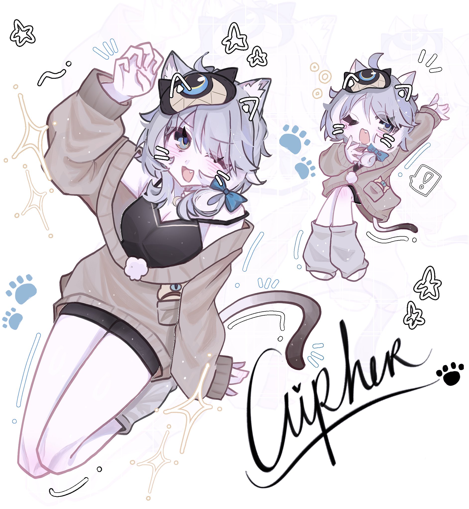 cipher (honkai: star rail), cipher (sweet slumber) (honkai: star rail), honkai: star rail, honkai (series), commentary request, highres, 1girl, ;o, animal ears, black camisole, blue eyes, breasts, brown sweater, camisole, cat ears, cat girl, cat tail, character name, drawn ears, drawn whiskers, face filter, grey hair, grey leg warmers, large breasts, leg warmers, official alternate costume, one eye closed, open mouth, paw print, paw print background, ruberri 00, short hair with long locks, sleep mask, solo, sweater, tail, thighs, white background, yawning
