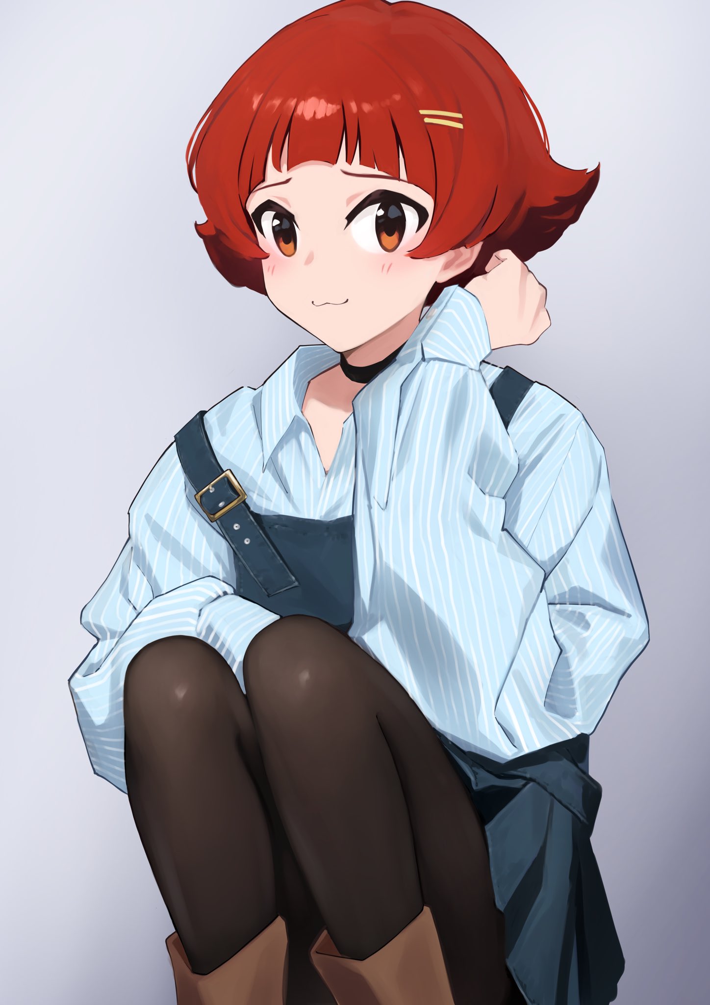 yabukara, nonohara akane, idolmaster, idolmaster million live!, highres, 1girl, :3, black choker, blue shirt, blue skirt, blush, brown eyes, brown pantyhose, choker, closed mouth, grey background, hair ornament, hairclip, hand up, knees up, long sleeves, looking at viewer, pantyhose, pinstripe pattern, pinstripe shirt, red hair, shirt, short hair, simple background, skirt, smile, solo, squatting
