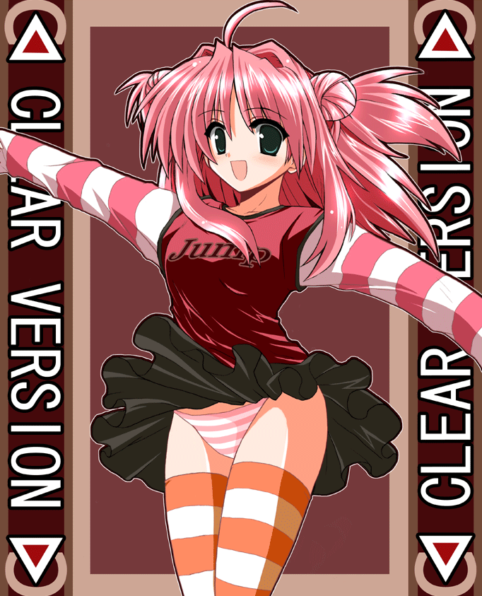 waiai, ahoge, green eyes, panties, pink hair, skirt, solo, striped clothes, striped panties, striped thighhighs, thighhighs, underwear