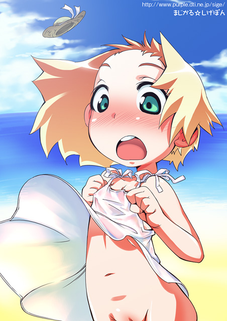 magical sigepon, sige, copyright request, 1girl, beach, blonde hair, blush, clothes lift, day, dress, dress lift, embarrassed, female focus, green eyes, hat, loli, no panties, open mouth, outdoors, pussy, pussy peek, see-through clothes, short hair, solo, straw hat, surprised, water, wind, wind lift