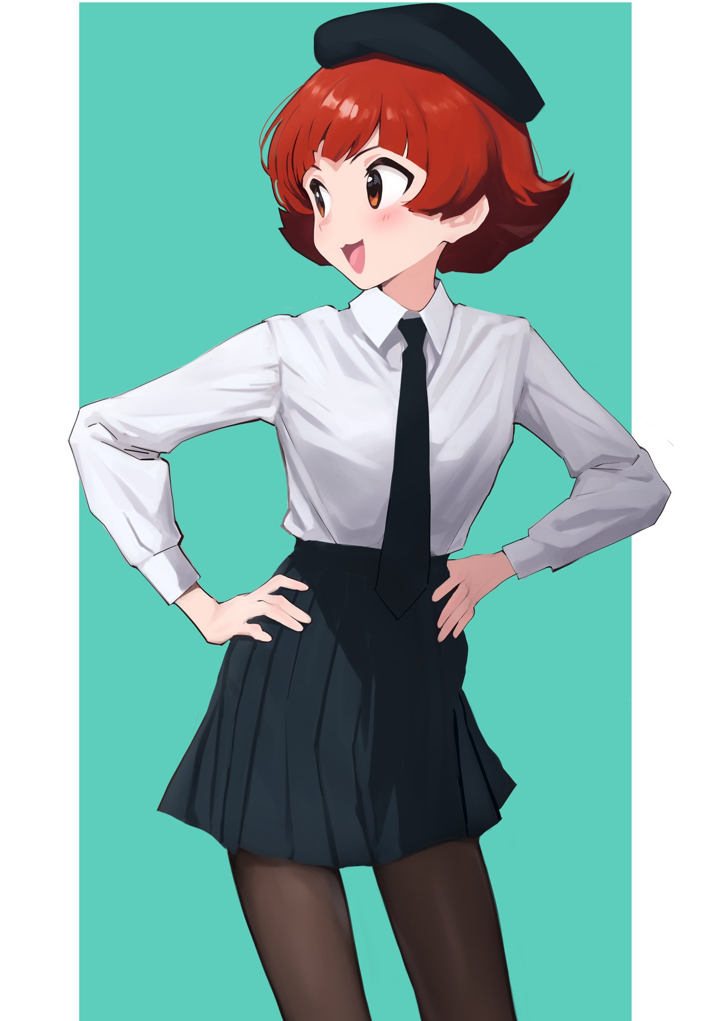 yabukara, nonohara akane, idolmaster, idolmaster million live!, highres, 1girl, :3, beret, black hat, black necktie, black skirt, blush, brown eyes, brown pantyhose, collared shirt, cowboy shot, dress shirt, green background, hands on own hips, hat, long sleeves, looking to the side, necktie, open mouth, pantyhose, pleated skirt, red hair, shirt, simple background, skirt, smile, solo, standing, white shirt