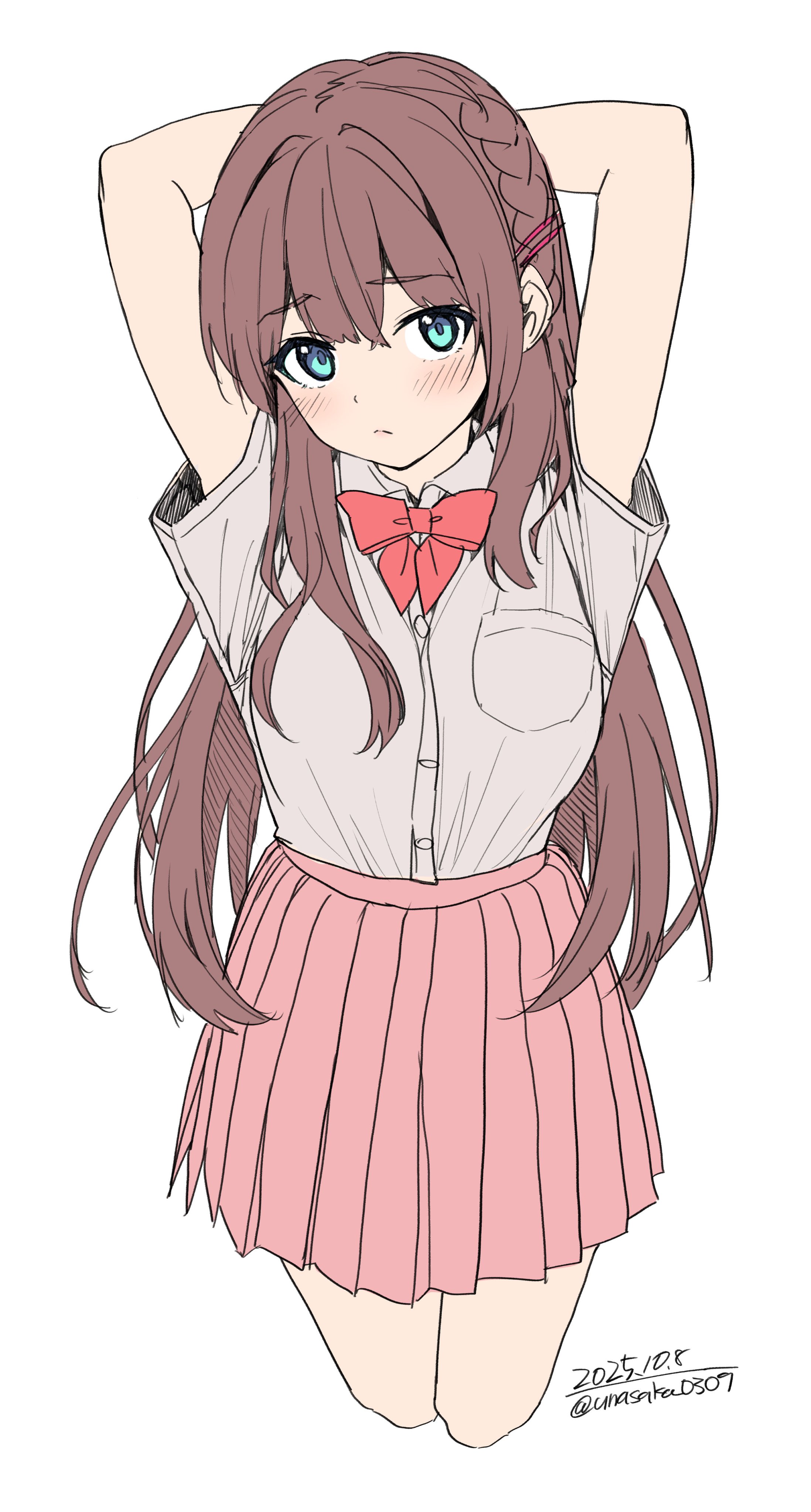 unasaka ryou, original, absurdres, highres, 1girl, arms behind head, arms up, blue eyes, blush, bow, braid, breasts, brown hair, closed mouth, collared shirt, cowboy shot, hair ornament, hairclip, long hair, looking at viewer, pink skirt, pleated skirt, red bow, school uniform, shirt, simple background, skirt, solo, white shirt