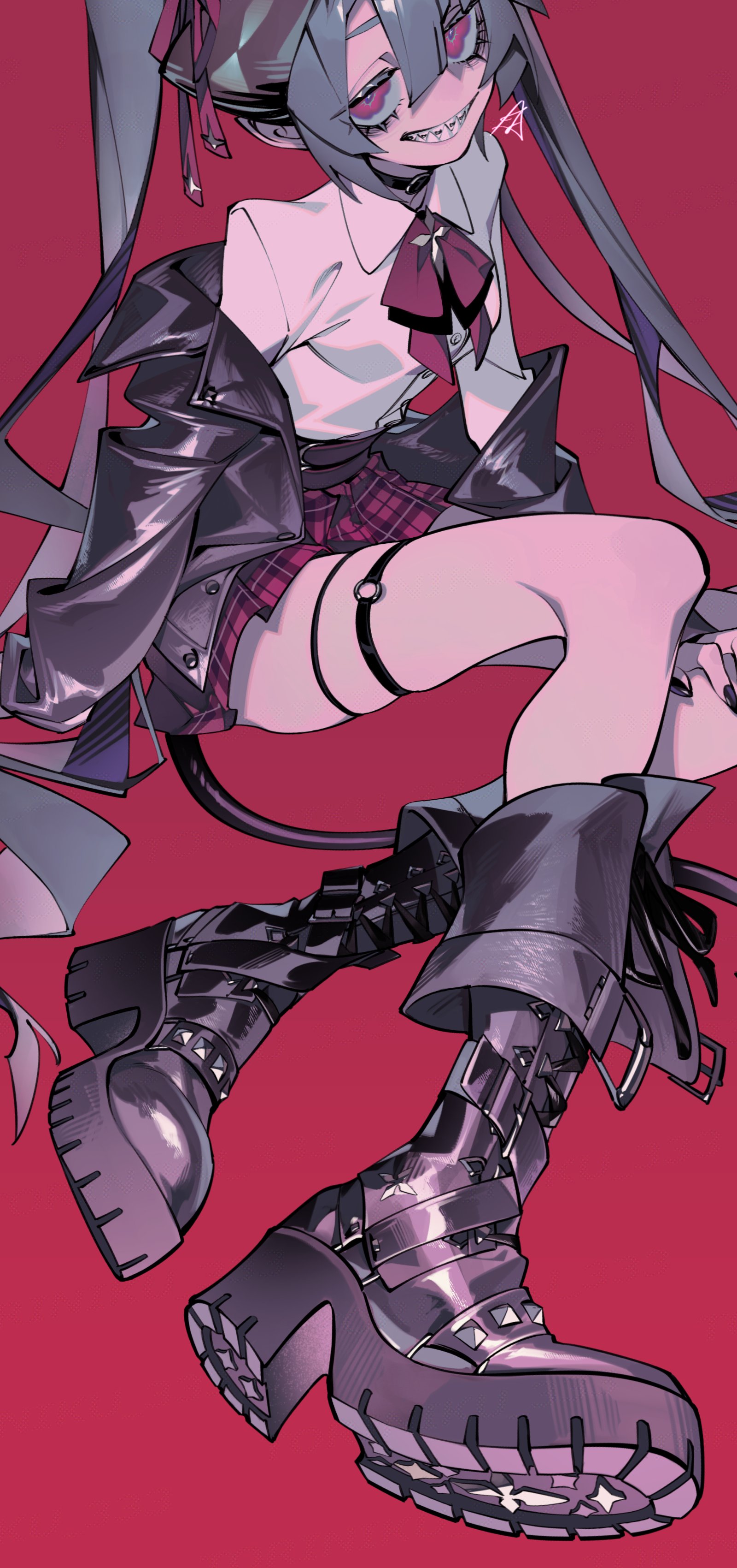 thundert, original, absurdres, commission, highres, skeb commission, 1girl, aqua hair, black boots, black jacket, boots, borrowed character, collared shirt, double-parted bangs, hair between eyes, hair ornament, jacket, jacket partially removed, long hair, looking at viewer, morello (morellostorment), o-ring, o-ring thigh strap, plaid clothes, plaid skirt, red background, red eyes, shirt, simple background, sitting, skirt, solo, teeth, thigh strap, thighs, twintails, very long hair, white shirt