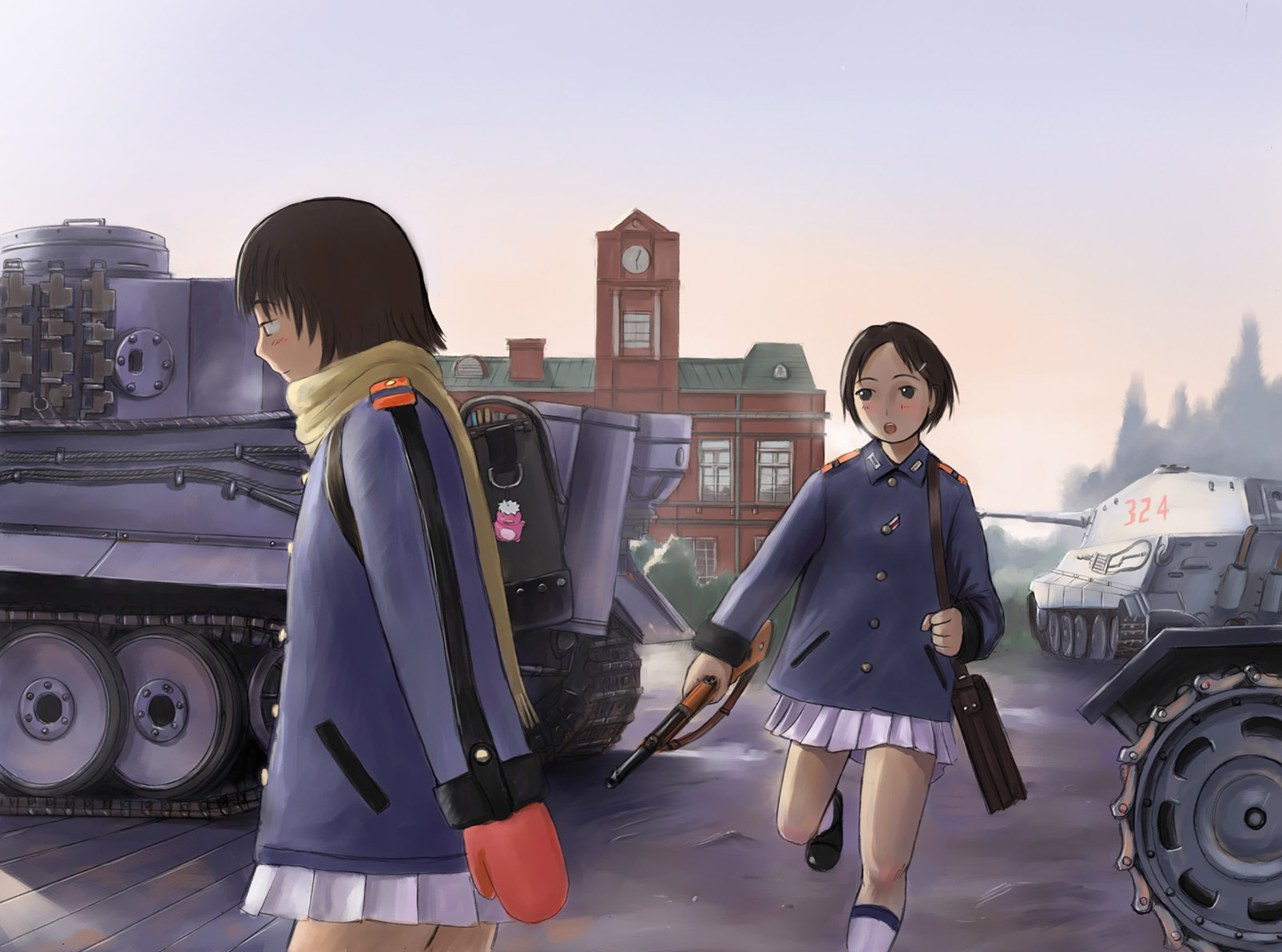 mimura kaoru, original, uniform, vehicle, highres, 2girls, bag, brown hair, caterpillar tracks, gun, military, military vehicle, mittens, motor vehicle, multiple girls, rifle, scarf, school bag, short hair, tank, tiger i, tiger ii, weapon