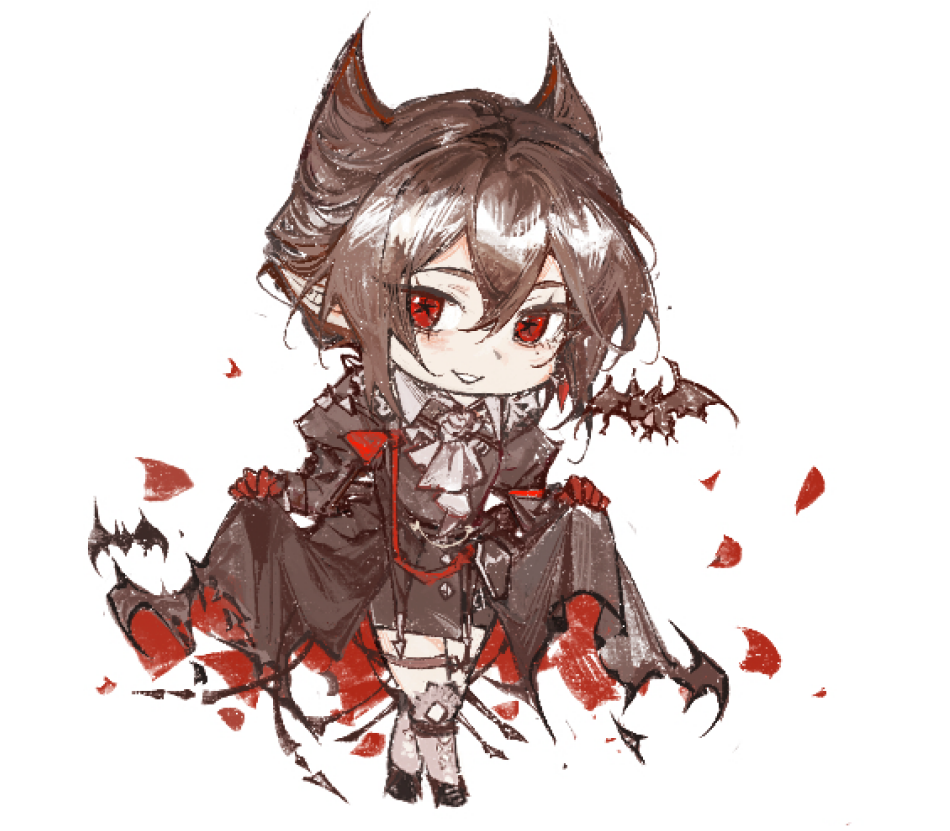 entelechia (arknights), arknights, chinese commentary, commentary request, 1girl, :d, ascot, brown dress, brown hair, chibi, chibi only, curtsey, dress, full body, gloves, grey ascot, grin, hair between eyes, hair horns, haishen miwang de jiyi, long sleeves, looking at viewer, mole, mole under eye, open mouth, petals, pointy ears, red eyes, red gloves, rose petals, short hair, simple background, skirt hold, smile, solo, standing