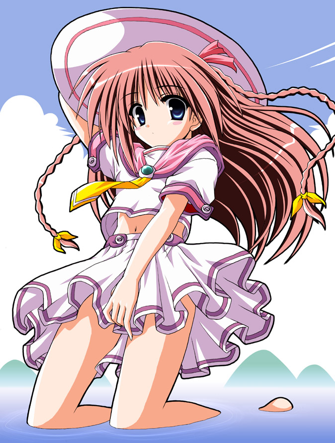 waiai, blue eyes, braid, hair ribbon, hat, long hair, midriff, red hair, ribbon, skirt, solo, water