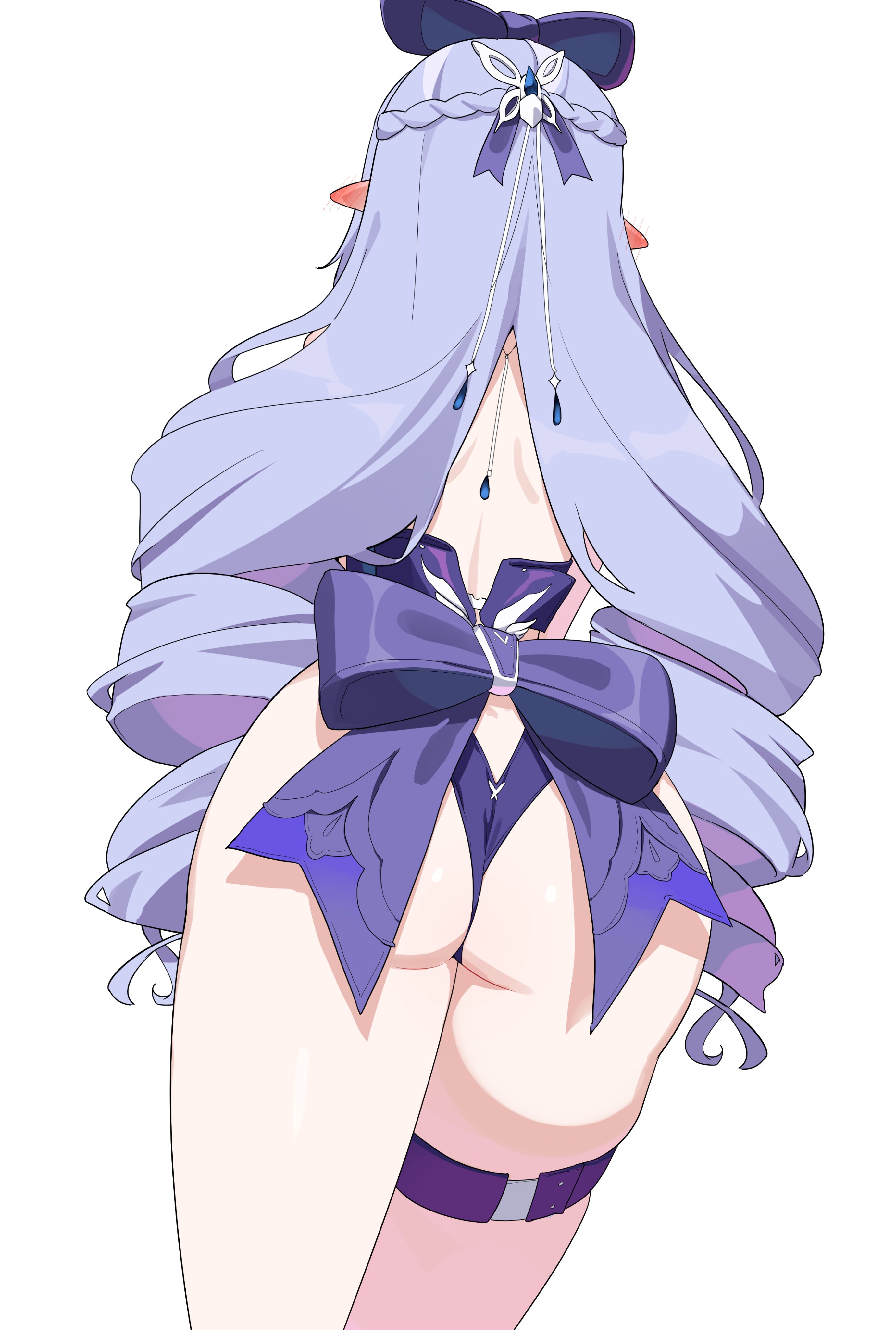 w.k, vivian banshee, vivian banshee (iris of the shore), zenless zone zero, absurdres, highres, 1girl, ass, back, blue one-piece swimsuit, bow, braid, hair bow, hair ornament, highleg, highleg one-piece swimsuit, long hair, multicolored hair, one-piece swimsuit, pointy ears, purple hair, streaked hair, swimsuit, thigh strap, thighs, white hair