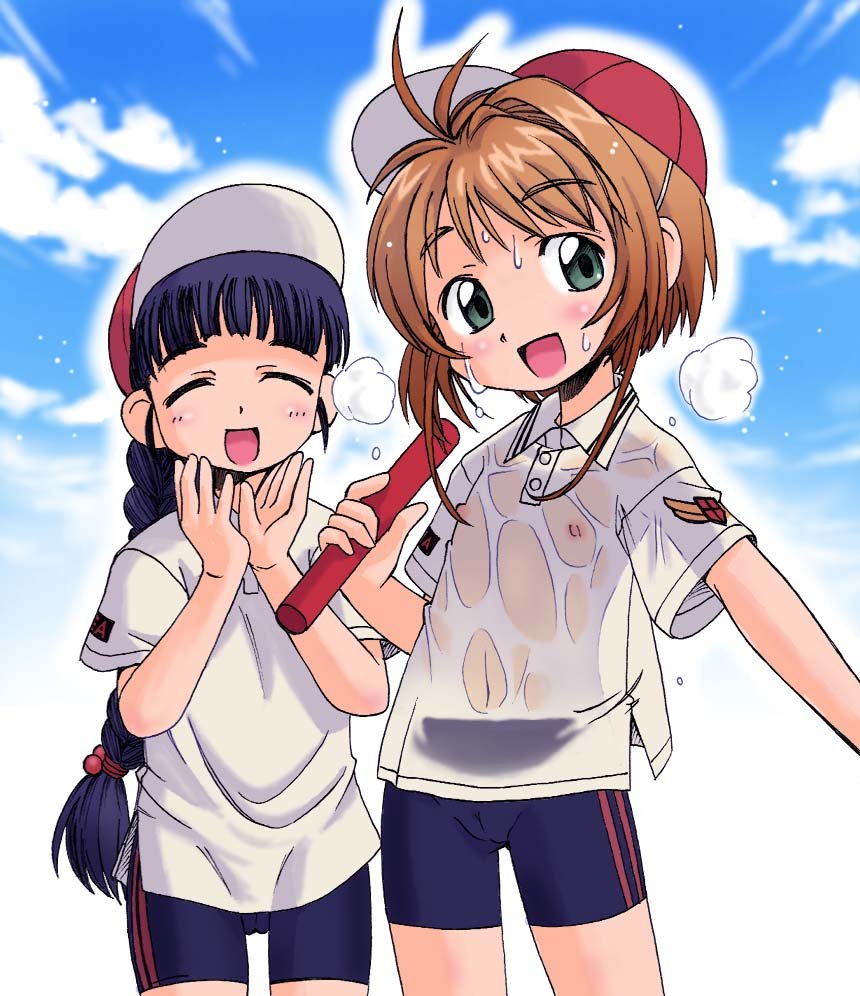 kakuchou, daidouji tomoyo, kinomoto sakura, cardcaptor sakura, 1990s (style), 2girls, bike shorts, cameltoe, flat chest, hat, loli, multiple girls, nipples, red hat, retro artstyle, see-through clothes, wet, wet clothes