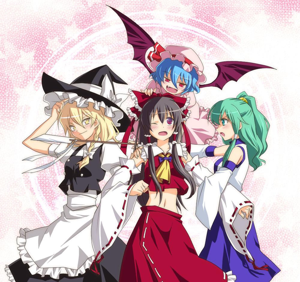 oborotsuki kakeru, soukuu kizuna, hakurei reimu, kirisame marisa, kochiya sanae, remilia scarlet, touhou, arm grab, hand on head, 4girls, alternate hairstyle, annoyed, ascot, bat wings, blonde hair, blue hair, blush, bow, braid, detached sleeves, fang, female focus, flying, gohei, green eyes, green hair, hair bow, hair tubes, half updo, hat, jealous, long hair, looking at viewer, looking up, midriff, multiple girls, red eyes, short hair, side braid, sidelocks, very long hair, wince, wings, witch hat, yellow eyes, yuri