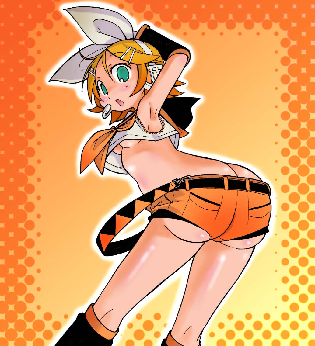 kakuchou, kagamine rin, vocaloid, 1girl, armpits, ass, blonde hair, bow, breasts, butt crack, clothes lift, detached sleeves, female focus, green eyes, hair ornament, hairclip, headset, shirt lift, short hair, shorts, small breasts, solo, underboob, wind
