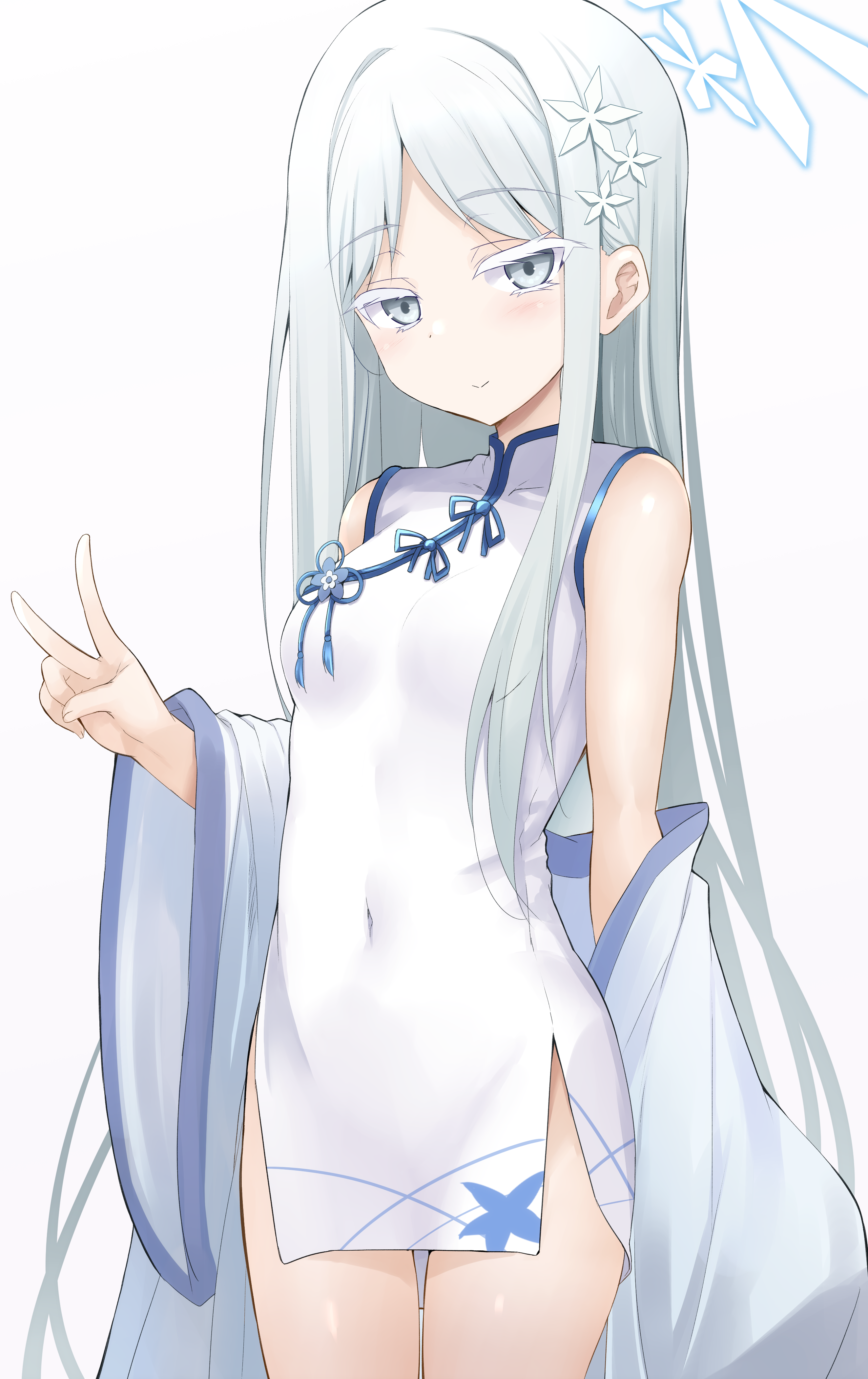 sen (astronomy), nagusa (blue archive), blue archive, absurdres, highres, 1girl, blush, breasts, dress, flower, grey eyes, hair flower, hair ornament, halo, japanese clothes, kimono, kimono on shoulders, long hair, looking at viewer, parted bangs, short dress, side slit, sidelocks, small breasts, smile, solo, thighs, v, very long hair, white dress, white hair, white kimono, wide sleeves
