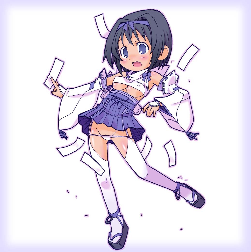 kakuchou, 1girl, adapted uniform, blush, breasts, female focus, garter belt, groin, japanese clothes, lowleg, lowleg panties, medium breasts, miko, no bra, nontraditional miko, open mouth, panties, pantyshot, short hair, solo, thighhighs, uncensored, underboob, underwear