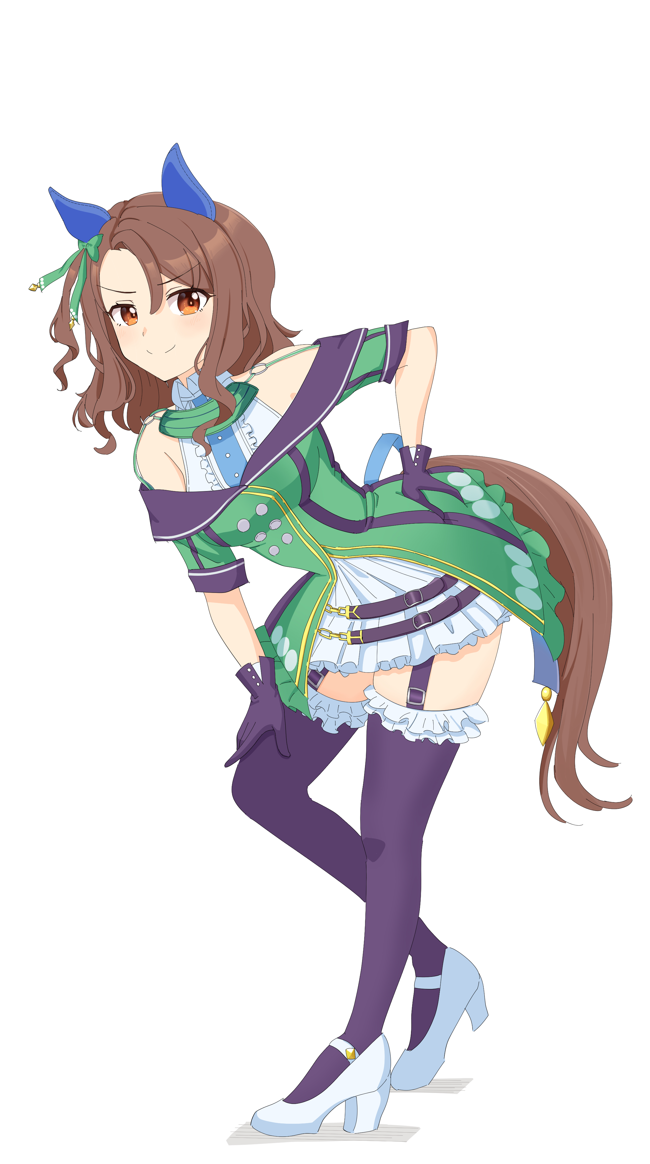 meze meze, king halo (king of emeralds) (umamusume), king halo (umamusume), umamusume, absurdres, highres, 1girl, animal ears, bare shoulders, black gloves, black thighhighs, blush, bow, breasts, brown hair, buttons, closed mouth, coat, double-breasted, dress, ear bow, ear covers, ear ribbon, frilled thighhighs, frills, full body, gloves, green bow, green dress, hair between eyes, horse ears, horse girl, horse tail, long hair, looking at viewer, off-shoulder coat, off-shoulder dress, off shoulder, orange eyes, purple thighhighs, red eyes, simple background, smile, solo, tail, thigh strap, thighhighs, white background