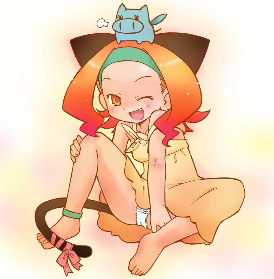 kakuchou, muta ninini, original, jpeg artifacts, 1girl, animal ears, anklet, barefoot, cat ears, cat tail, dress, fang, female focus, gradient hair, headband, jewelry, multicolored hair, one eye closed, orange hair, panties, pantyshot, sitting, solo, spread legs, tail, underwear, upskirt, white panties, wink