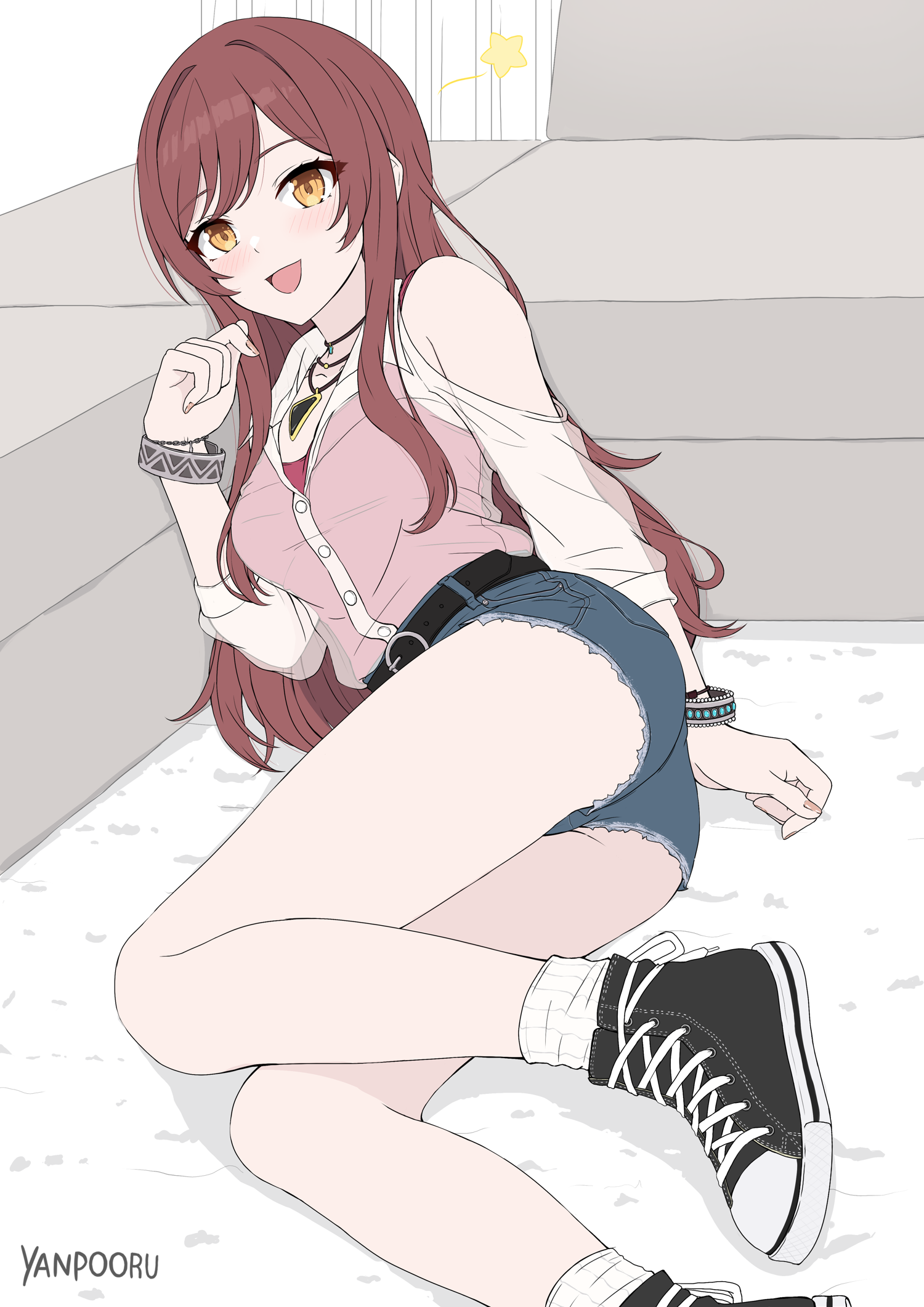 yanpooru, osaki amana, converse, idolmaster, idolmaster shiny colors, highres, 1girl, ass, blue shorts, blush, bracelet, breasts, cutoffs, denim, denim shorts, jewelry, long hair, long sleeves, looking at viewer, lying, medium breasts, necklace, on side, open mouth, red hair, red tank top, see-through clothes, see-through shirt, shirt, shoes, short shorts, shorts, smile, sneakers, socks, solo, swept bangs, tank top, white shirt, white socks, yellow eyes