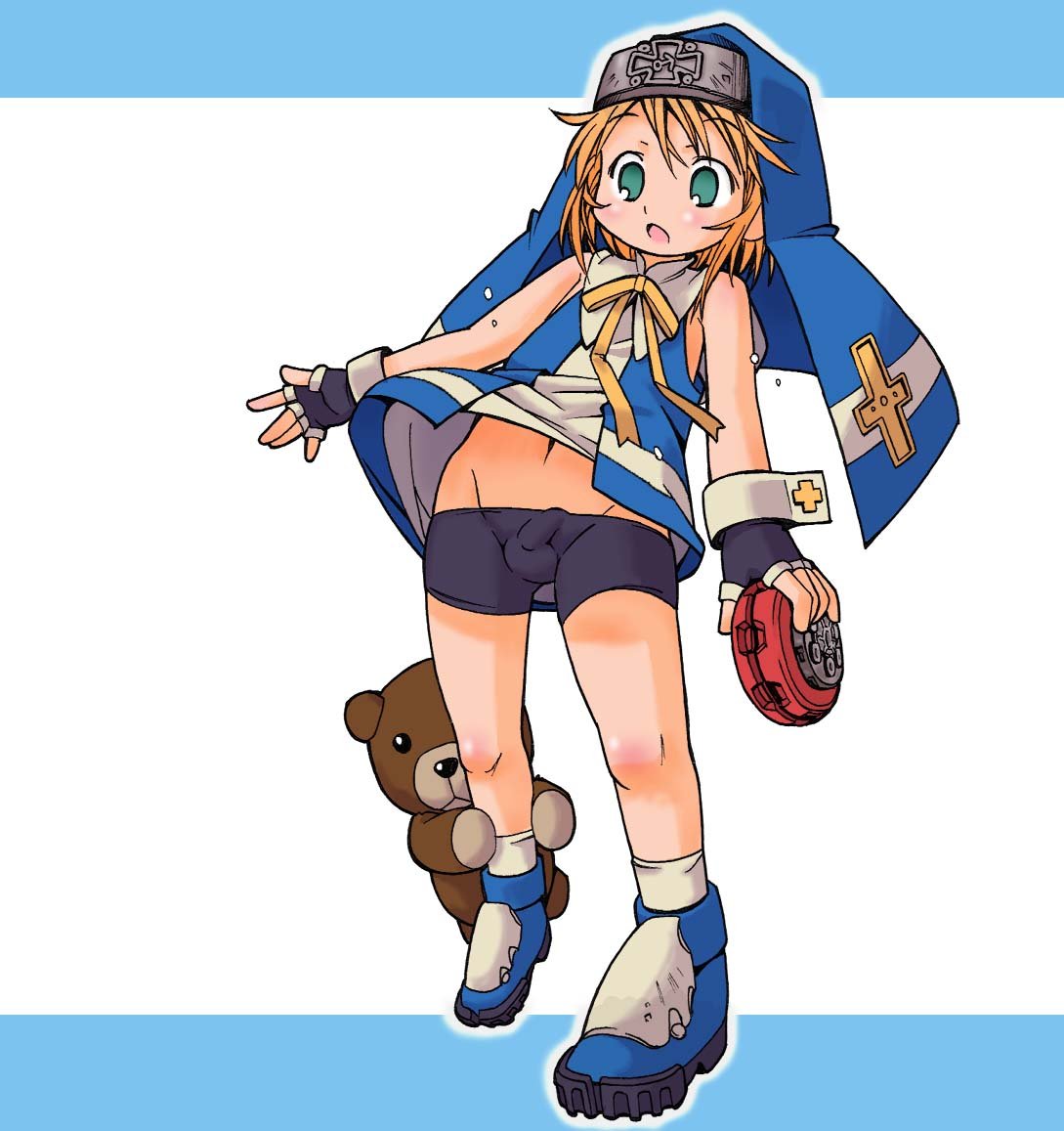 kakuchou, bridget (guilty gear), roger (guilty gear), arc system works, guilty gear, guilty gear xx, 1boy, androgynous, bike shorts, blonde hair, bulge, clothes lift, crossdressing, crossdressing (mtf), fingerless gloves, gloves, green eyes, hat, lowleg, lowleg shorts, male focus, mars symbol, nun, open mouth, penis, shirt lift, shorts, shota, solo, standing, stuffed animal, stuffed toy, taut clothes, taut shorts, teddy bear, trap, yo-yo