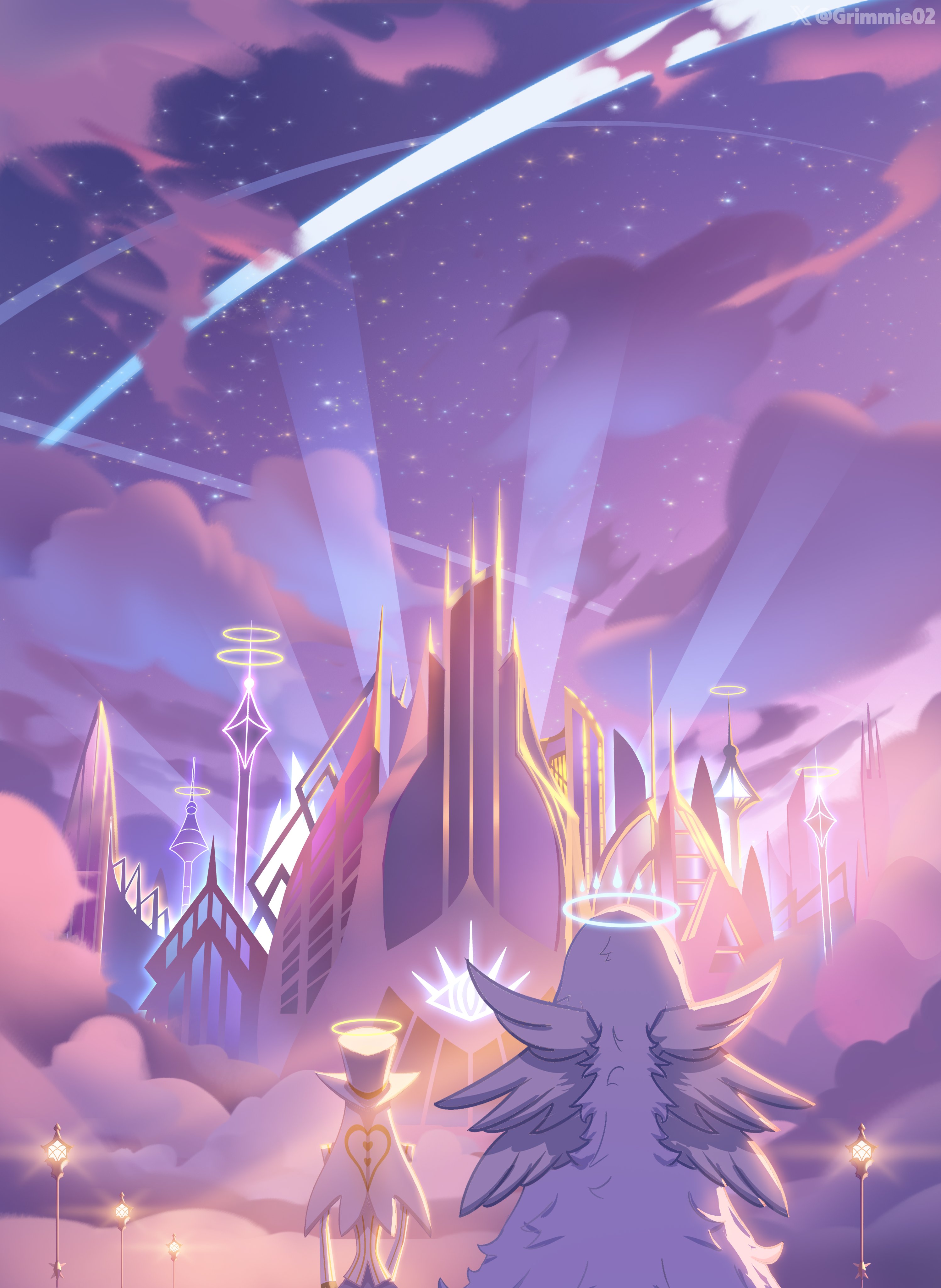grimmie02, emily (hazbin hotel), sir pentious, hazbin hotel, hellaverse, absurdres, highres, 1boy, 1girl, building, cloud, from behind, halo, hat, heaven, jacket, lamia, lamp, long hair, monster girl, outdoors, sky, star (sky), starry sky, top hat, very long hair, white hair, white hat, white jacket, wings