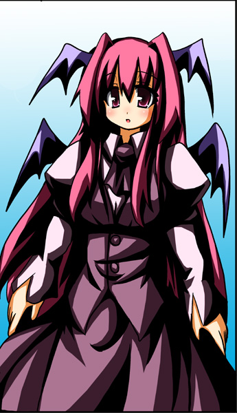 oborotsuki kakeru, koakuma, embodiment of scarlet devil, touhou, 1girl, bat wings, buttons, dress shirt, female focus, gradient background, head wings, long sleeves, necktie, red eyes, red hair, shirt, skirt, skirt set, solo, vest, wings
