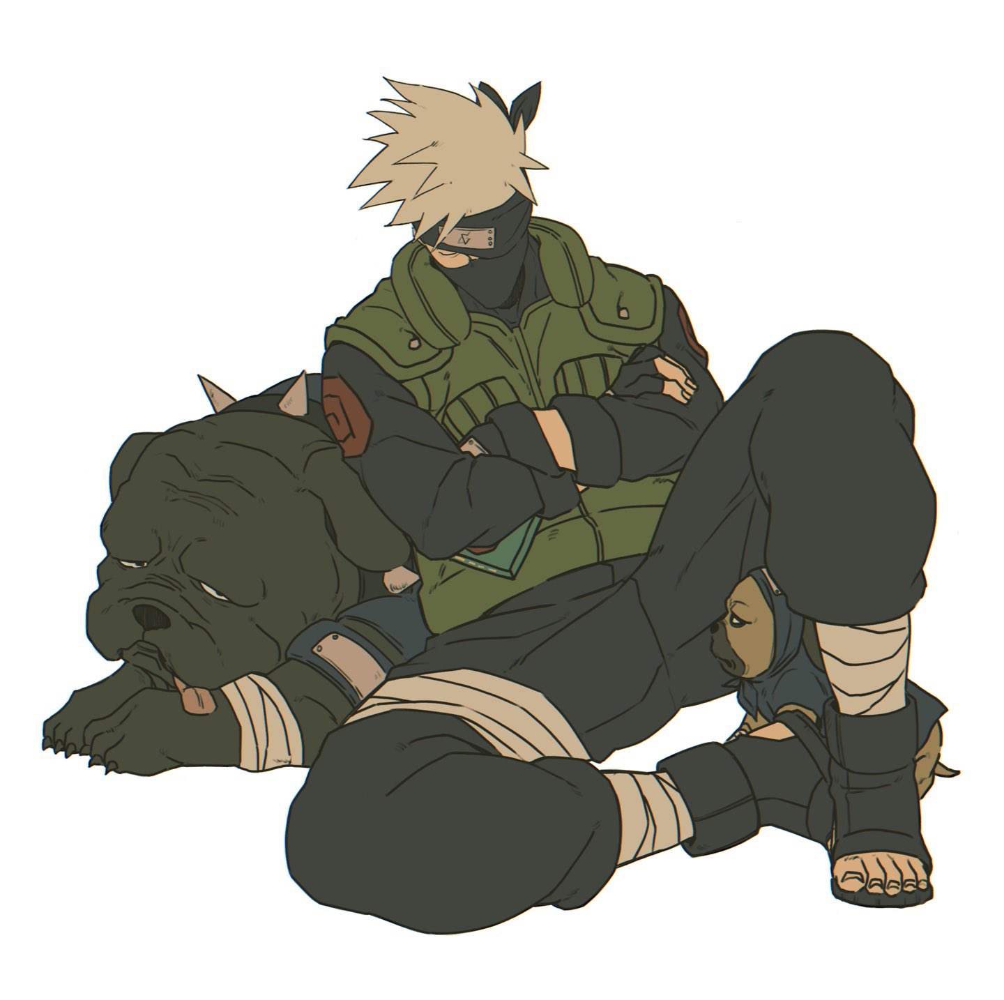 bull (naruto), hatake kakashi, pakkun (naruto), naruto (series), highres, 1boy, bandaged leg, bandages, black gloves, black headband, black mask, black pants, black shirt, black shoes, book, bulldog, closed eyes, crossed arms, dog, doso 1011, fingerless gloves, full body, gloves, green vest, grey hair, headband, holding, holding book, male focus, mask, mouth mask, open-toe shoes, pants, shirt, shoes, short hair, sleeping, tongue, tongue out, vest, white background