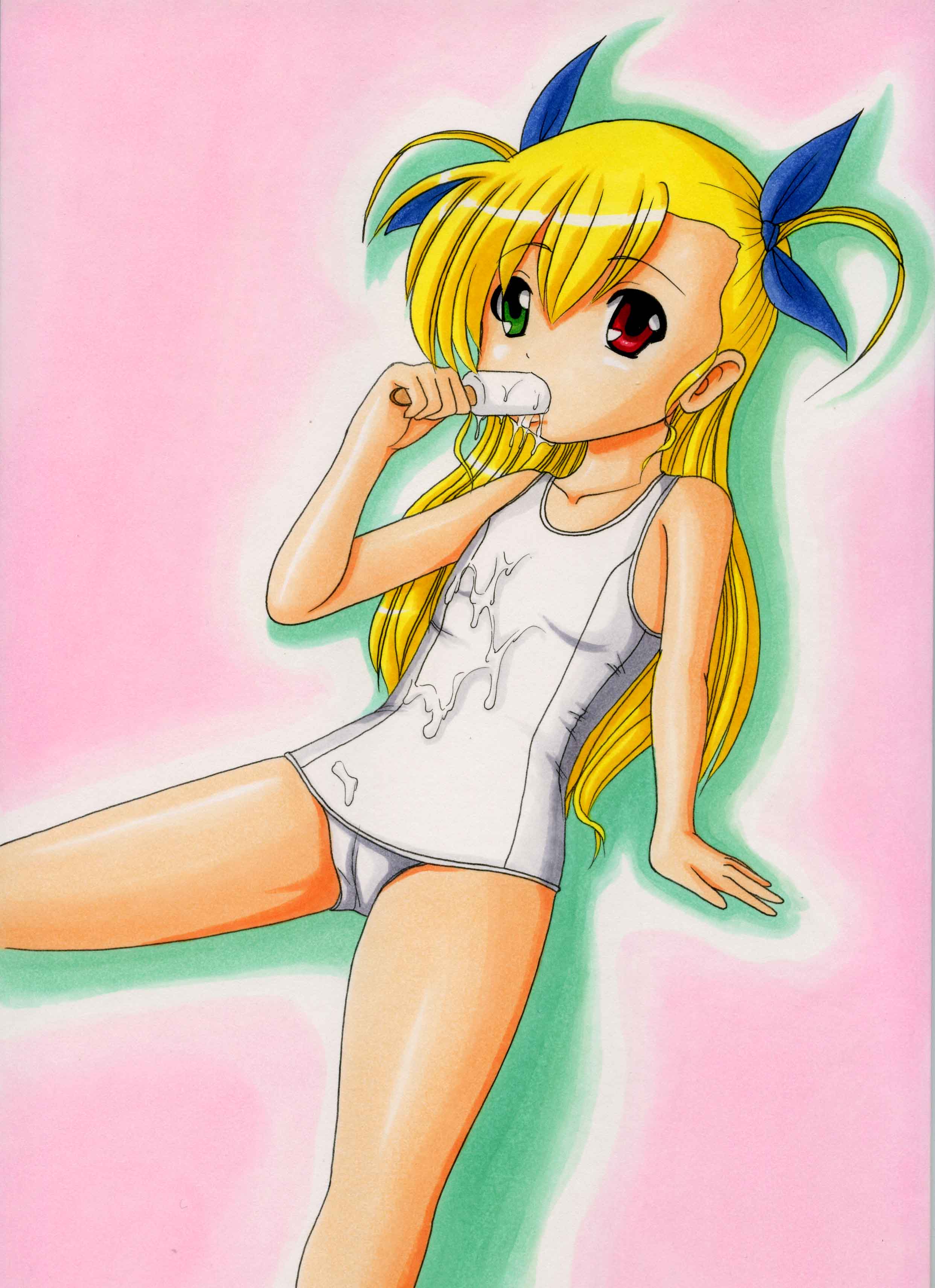 takamichi nantoka, fate testarossa, vivio, lyrical nanoha, mahou shoujo lyrical nanoha, absurdres, bad id, bad pixiv id, highres, 00s, blonde hair, cameltoe, eating, food, heterochromia, ice cream, long hair, one-piece swimsuit, school swimsuit, solo, swimsuit