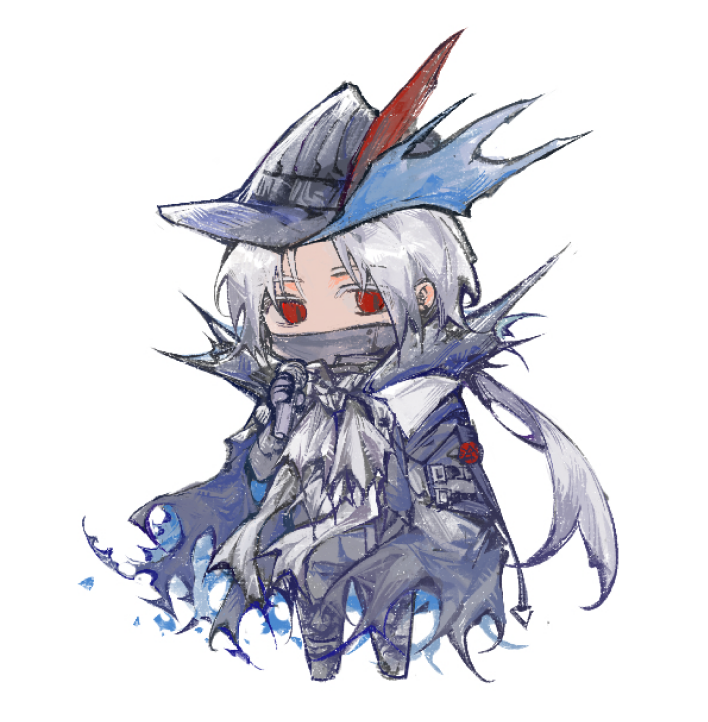 ulpianus (arknights), arknights, chinese commentary, commentary request, 1boy, black cape, black hat, cape, chibi, chibi only, covered mouth, full body, grey hair, haishen miwang de jiyi, hat, long hair, looking at viewer, male focus, mask, mouth mask, ninja mask, ponytail, red eyes, solo, standing, torn cape, torn clothes, torn hat