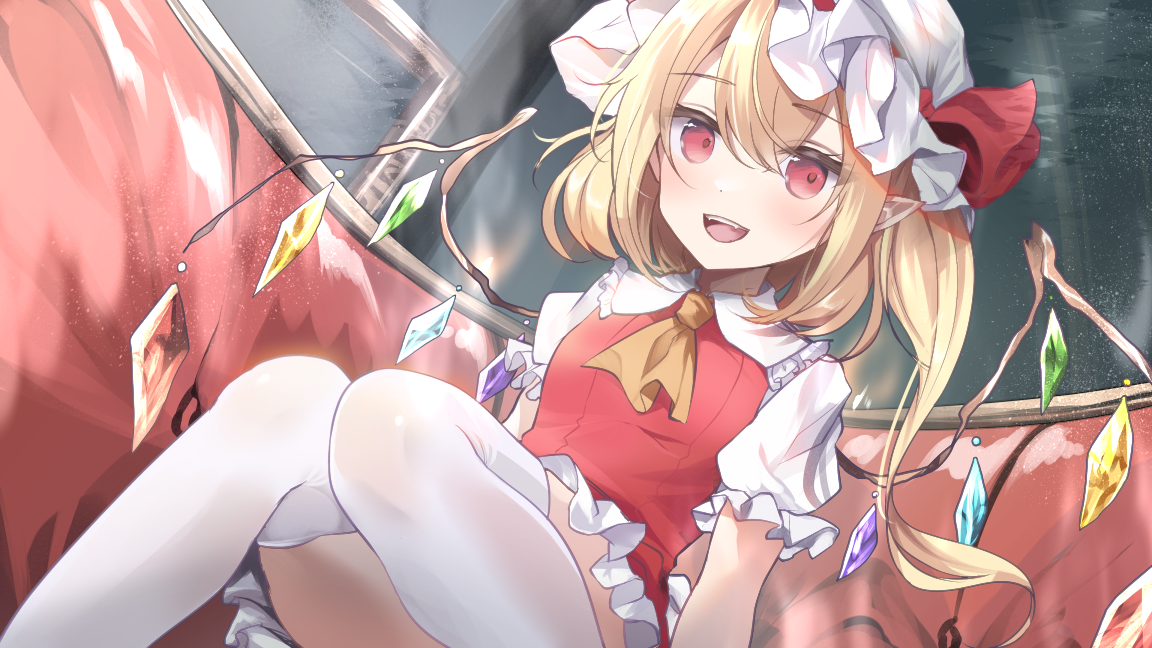 kurage cc, flandre scarlet, touhou, 1girl, :d, ascot, couch, crystal wings, dress, dutch angle, fangs, feet out of frame, frilled sleeves, frills, hat, looking at viewer, mob cap, multicolored wings, on couch, one side up, open mouth, pointy ears, puffy short sleeves, puffy sleeves, red dress, red eyes, short sleeves, sitting, smile, solo, teeth, thighhighs, thighs, upper teeth only, white thighhighs, wings, yellow ascot