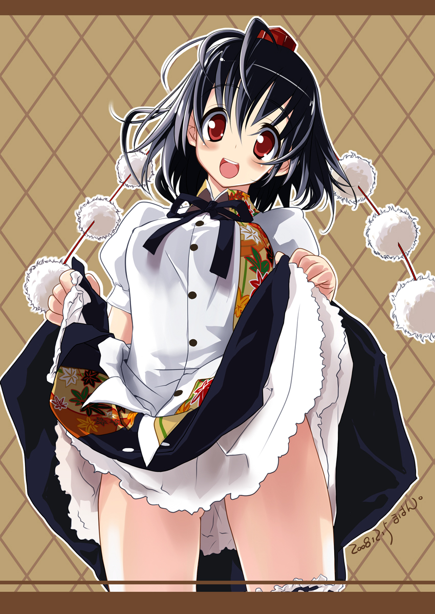 mahan (clock hearts), shameimaru aya, touhou, highres, 1girl, argyle background, argyle clothes, black hair, blush, clothes lift, dress, dress lift, female focus, hat, lifting own clothes, long hair, looking at viewer, open mouth, red eyes, short hair, skirt, skirt lift, smile, solo