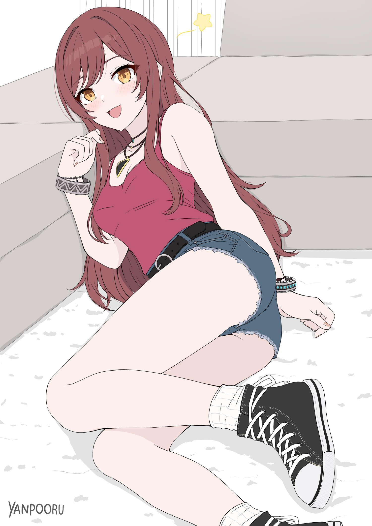 yanpooru, osaki amana, converse, idolmaster, idolmaster shiny colors, highres, 1girl, ass, blue shorts, blush, bracelet, breasts, cutoffs, denim, denim shorts, jewelry, long hair, looking at viewer, lying, medium breasts, necklace, on side, open mouth, red hair, red tank top, shoes, short shorts, shorts, smile, sneakers, socks, solo, swept bangs, tank top, white socks, yellow eyes