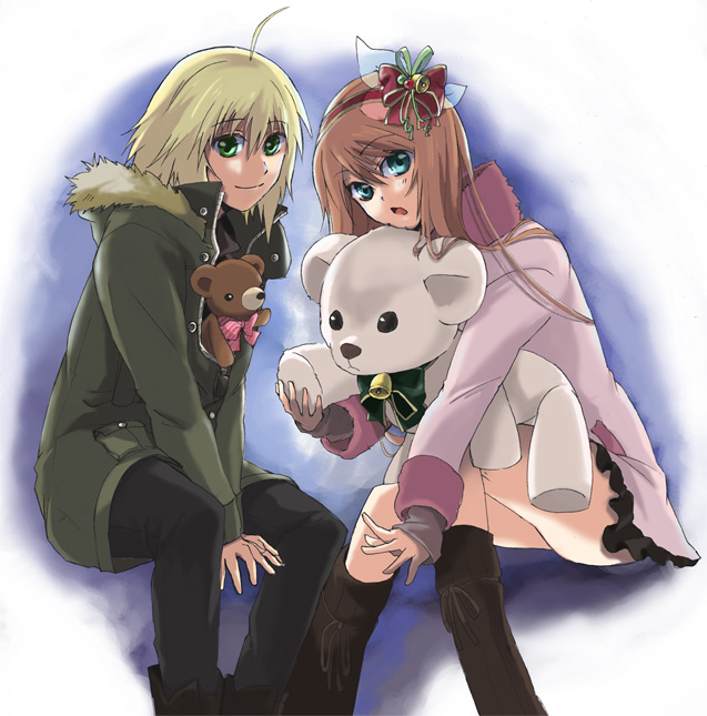 emil castagnier, marta lualdi, tales of (series), tales of symphonia, tales of symphonia: dawn of the new world, 00s, blonde hair, blue eyes, brown hair, christmas, coat, green eyes, hair ornament, long hair, smile, stuffed animal, stuffed toy