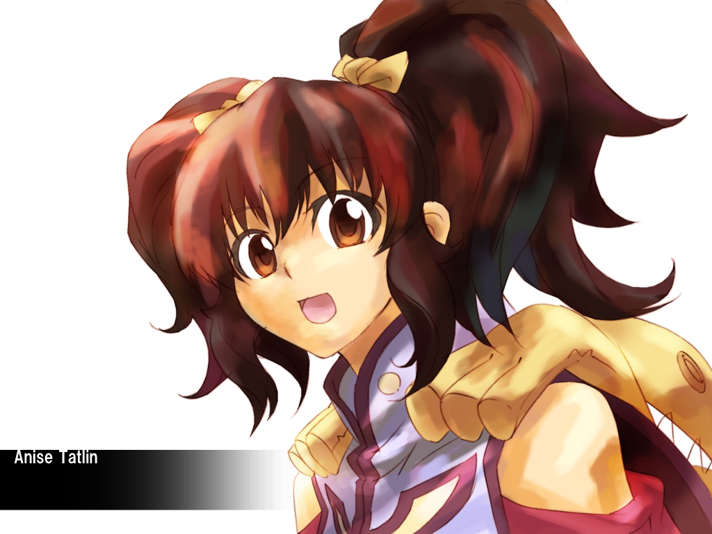 haruka shiya, anise tatlin, tokunaga (tales), tales of (series), tales of the abyss, 00s, 1girl, :d, bare shoulders, blush, brown eyes, brown hair, character name, hair bobbles, hair ornament, looking at viewer, open mouth, simple background, smile, solo focus, tabard, twintails, white background