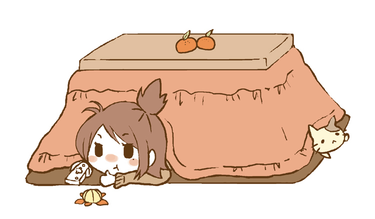 hoshimura sora, original, 1girl, :<, :t, ahoge, antenna hair, brown hair, cat, controller, female focus, food, fruit, kotatsu, mandarin orange, mole, mole under eye, orange (fruit), remote control, simple background, solo, table, thumbs up, under table, white background