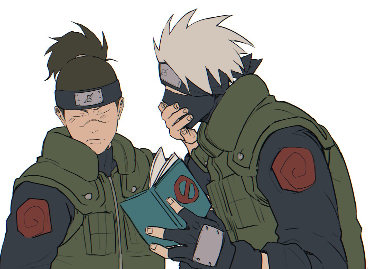 hatake kakashi, umino iruka, naruto (series), 2boys, black gloves, black headband, black mask, black shirt, book, brown hair, closed eyes, covering another's mouth, doso 1011, fingerless gloves, furrowed brow, gloves, green vest, grey hair, hand over another's mouth, headband, holding, holding book, light blush, male focus, mask, mouth mask, multiple boys, ponytail, scar, scar on face, scar on nose, shirt, short hair, spiked hair, upper body, vest, white background, yaoi