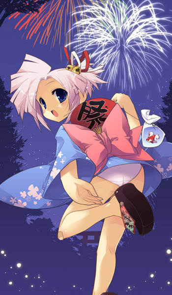 kotamaru (pajama soft), 1girl, aerial fireworks, ass, female focus, fireworks, japanese clothes, kimono, panties, pantyshot, solo, underwear, upskirt, white panties
