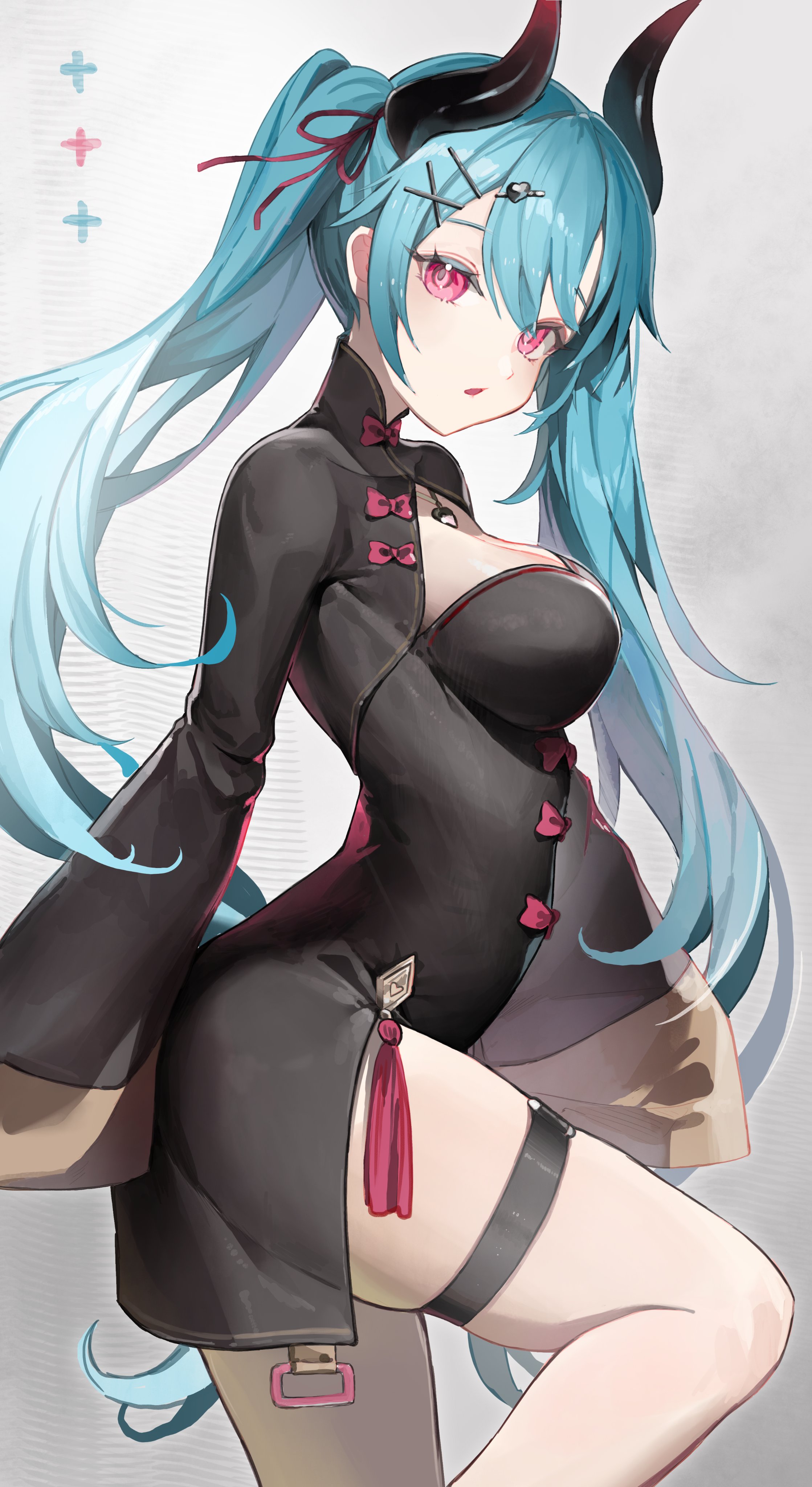 happyongdal, original, absurdres, commentary, commission, english commentary, highres, vgen commission, 1girl, aqua hair, black dress, black horns, borrowed character, breasts, china dress, chinese clothes, double-parted bangs, dress, hair between eyes, hair ornament, hair ribbon, hairclip, horns, long hair, looking at viewer, medium breasts, morello (morellostorment), o-ring, o-ring thigh strap, parted lips, red eyes, red ribbon, ribbon, sleeves past fingers, sleeves past wrists, solo, thigh strap, twintails, x hair ornament
