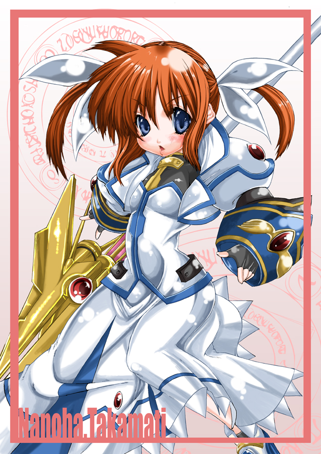 raising heart, raising heart (exceed mode), takamachi nanoha, takamachi nanoha (exceed mode), lyrical nanoha, mahou shoujo lyrical nanoha, uniform, 00s, 1girl, blue eyes, brown hair, female focus, hair ribbon, magical girl, purple eyes, ribbon, solo, twintails