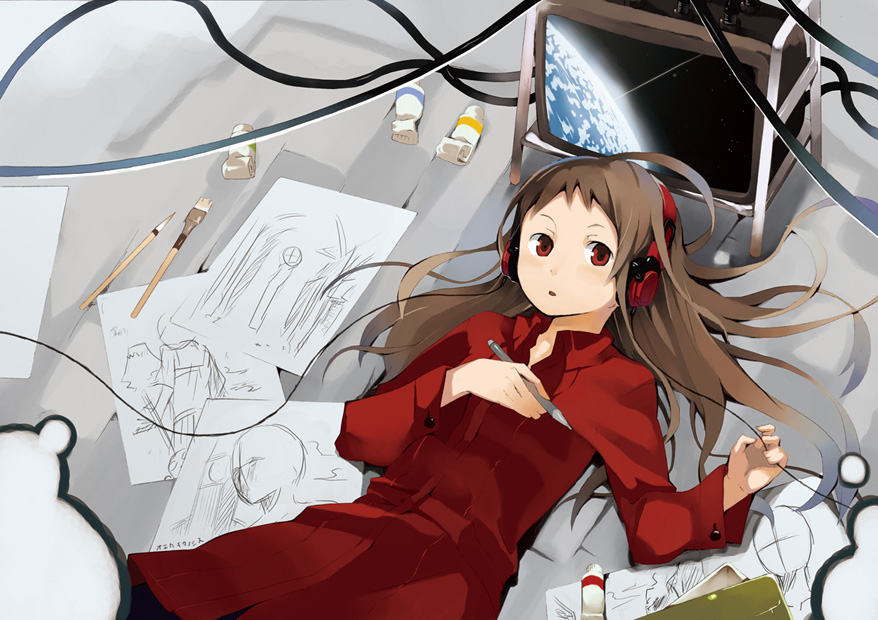kuchibue, original, drawing, bad id, bad pixiv id, art brush, brown hair, headphones, long hair, lying, paint, paintbrush, red eyes, solo