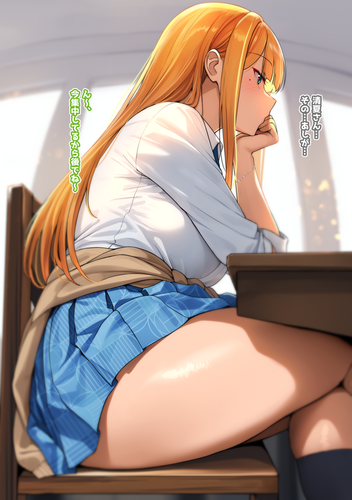 shiitake taishi, shiun sumika, gakuen idolmaster, idolmaster, highres, translation request, 1girl, blue skirt, blunt bangs, blush, brown cardigan, cardigan, cardigan around waist, chair, clothes around waist, crossed legs, elbow rest, green eyes, hand on own chin, hatsuboshi gakuen school uniform, head rest, long hair, mole, mole under eye, open mouth, orange hair, pleated skirt, school uniform, shirt, short sleeves, sitting, skirt, solo, straight hair, sweater, sweater around waist, table, thighs, white shirt