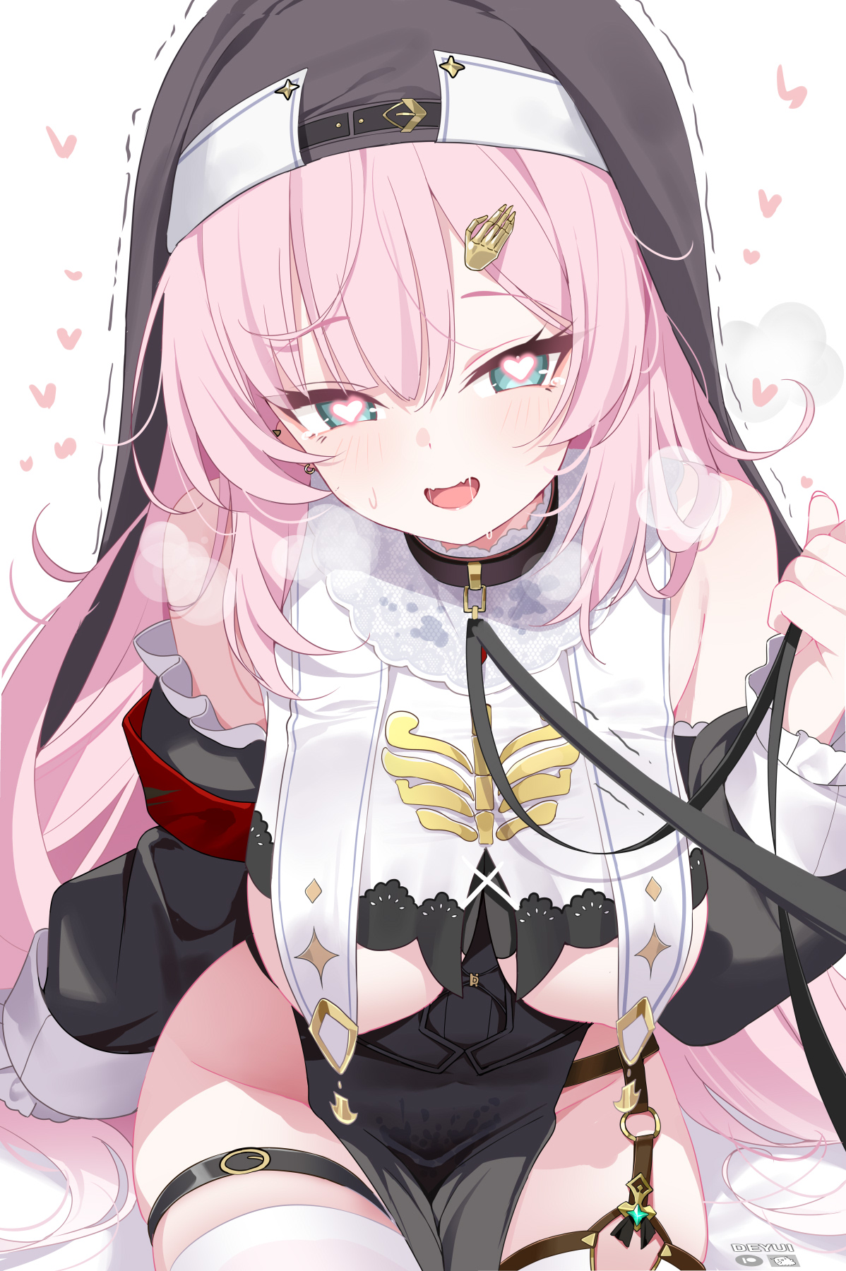 deyui, stella sora, highres, 1girl, aqua eyes, black dress, black leash, black sleeves, black veil, blush, breasts, detached sleeves, dress, groin, hand hair ornament, heart, heart in eye, heavy, kaede (stella sora), large breasts, leash, long hair, looking at viewer, nun, open mouth, pink hair, saliva, simple background, sitting, smile, solo, symbol in eye, thigh strap, thighhighs, thighs, veil, white background, white thighhighs